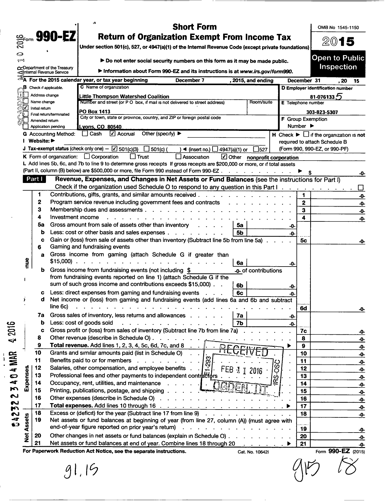 Image of first page of 2015 Form 990EZ for Little Thompson Watershed Coalition