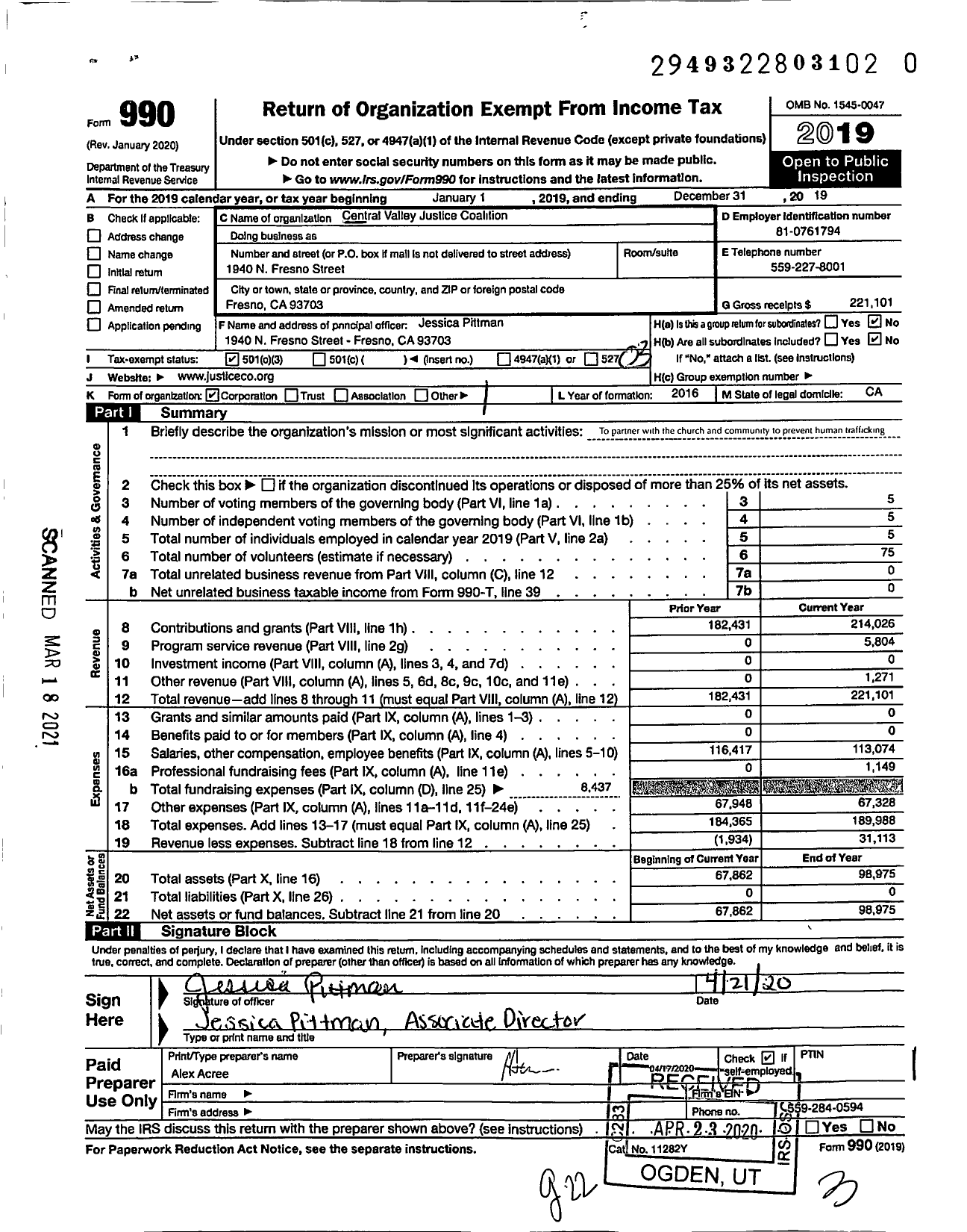 Image of first page of 2019 Form 990 for Central Valley Justice Coalition