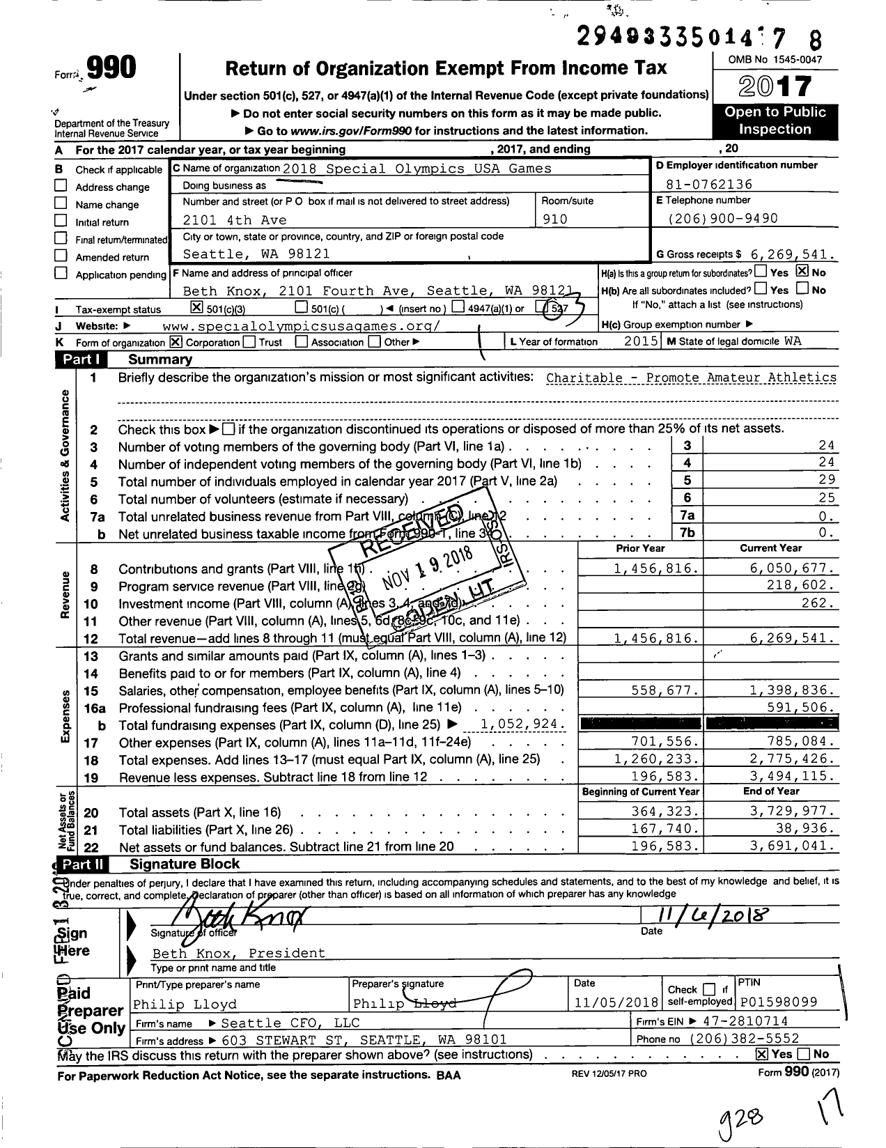 Image of first page of 2017 Form 990 for 2018 Special Olympics USA Games