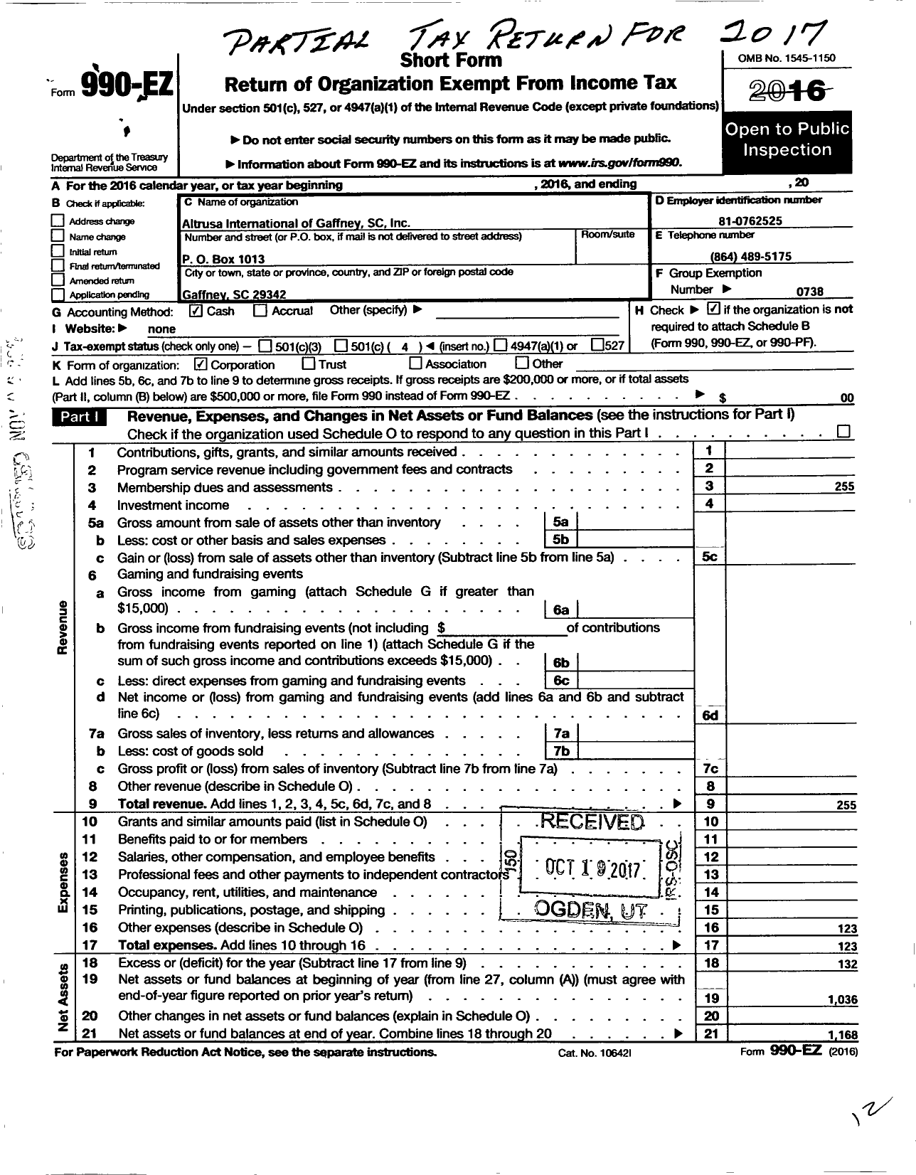 Image of first page of 2016 Form 990EO for Altrusa International / Gaffney SC Club