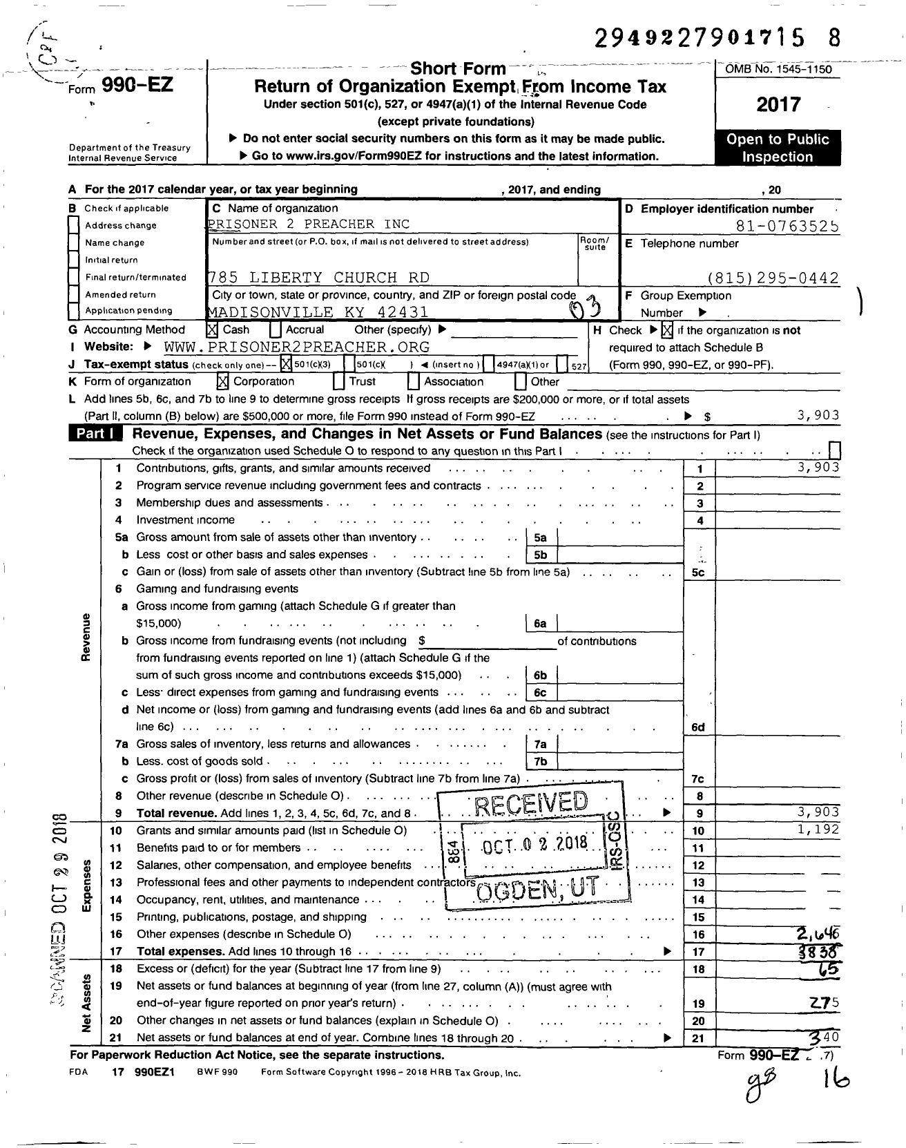 Image of first page of 2017 Form 990EZ for Prisoner 2 Preacher