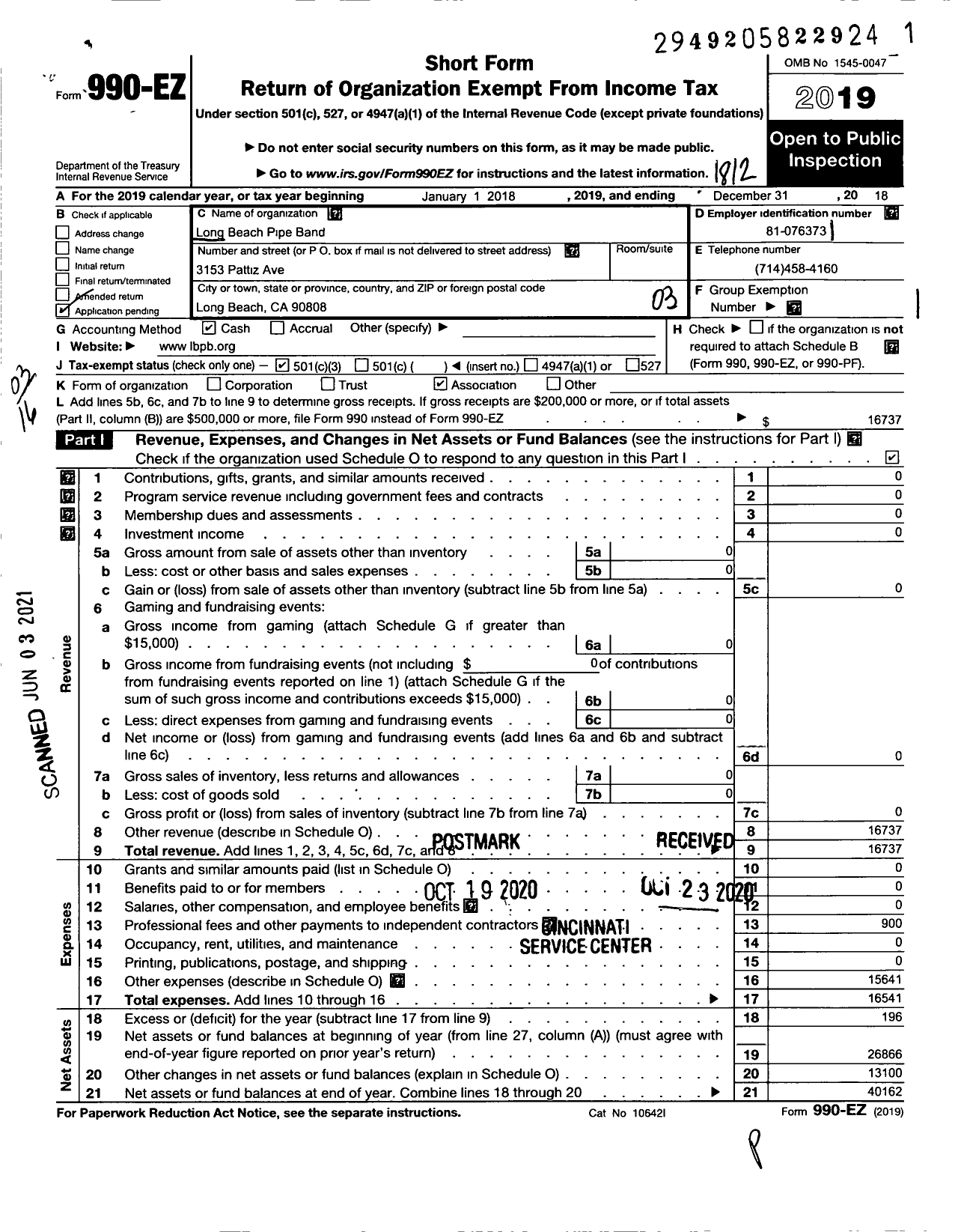 Image of first page of 2018 Form 990EZ for Long Beach Pipe Band