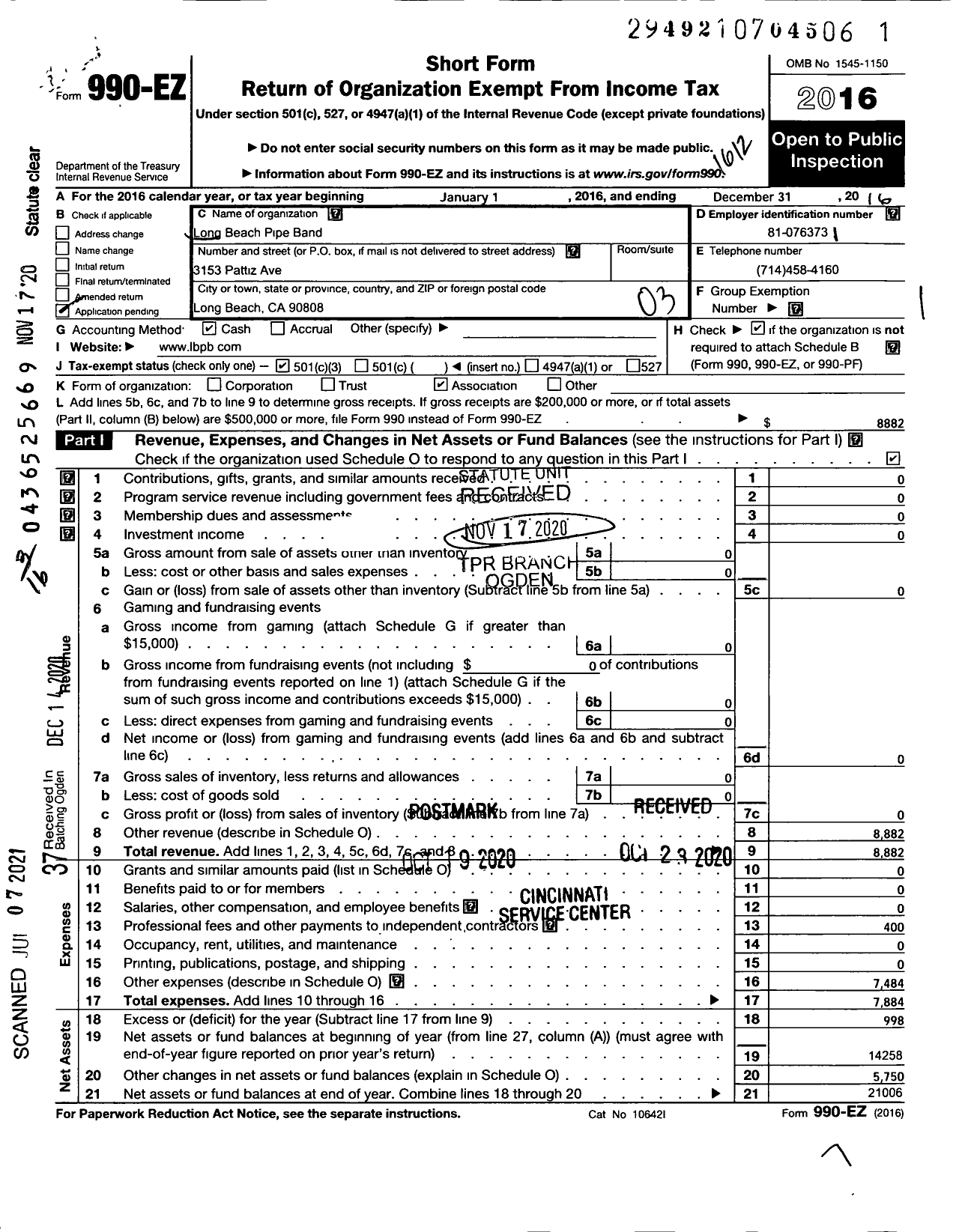 Image of first page of 2016 Form 990EZ for Long Beach Pipe Band