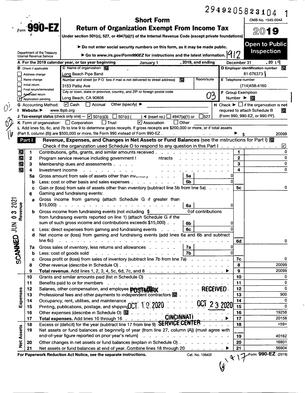 Image of first page of 2019 Form 990EZ for Long Beach Pipe Band