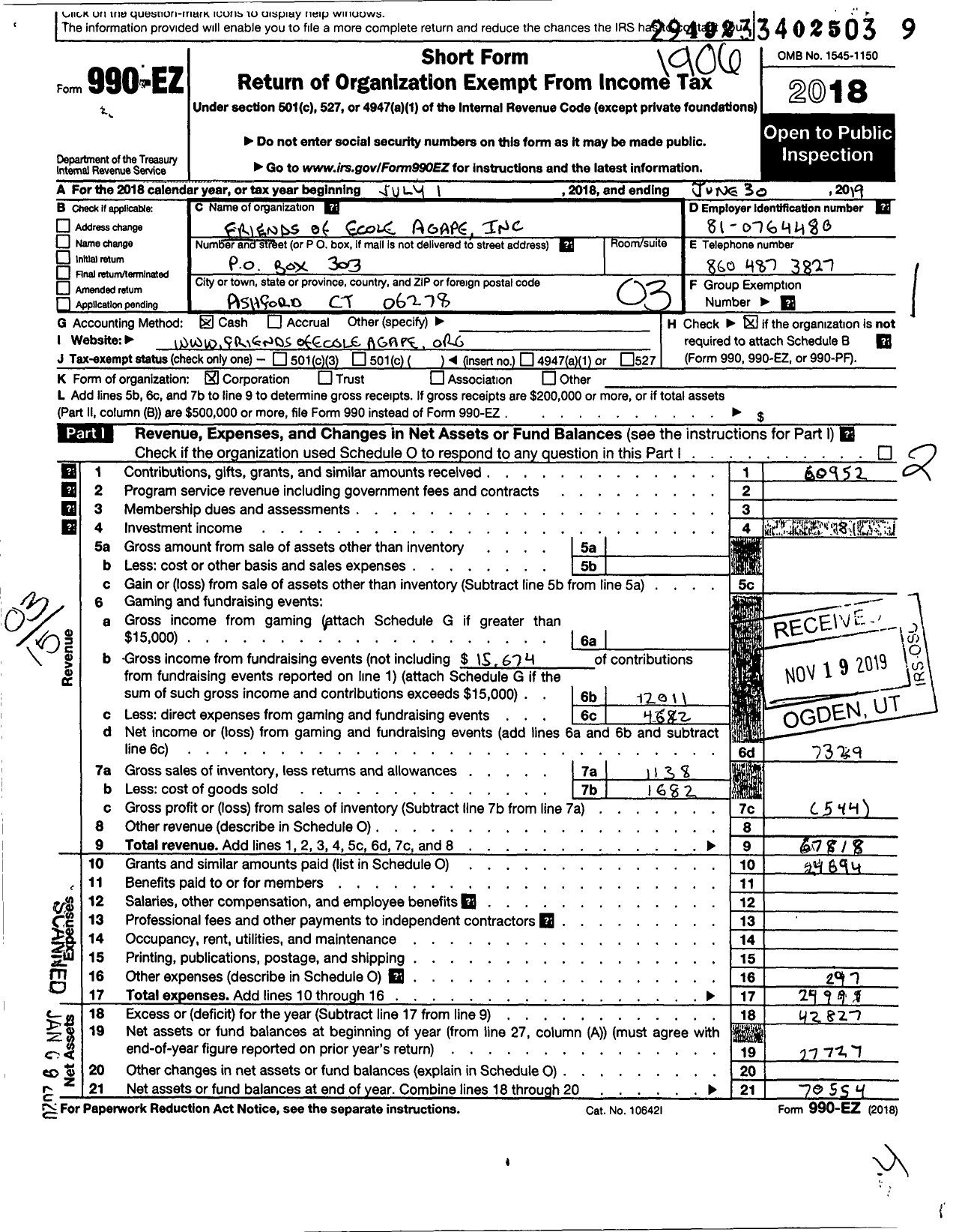 Image of first page of 2018 Form 990EZ for Friends of Ecole Agape