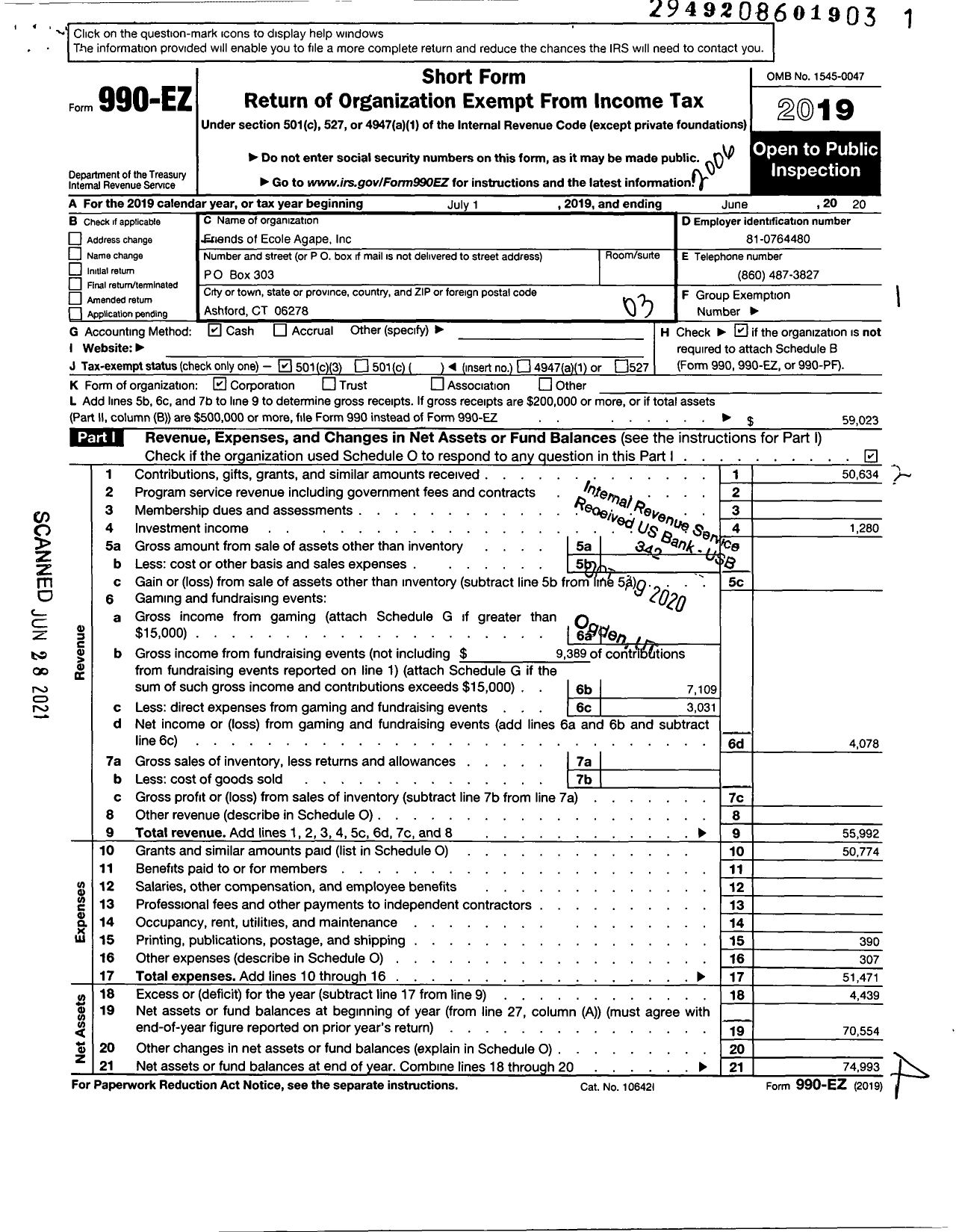 Image of first page of 2019 Form 990EZ for Friends of Ecole Agape