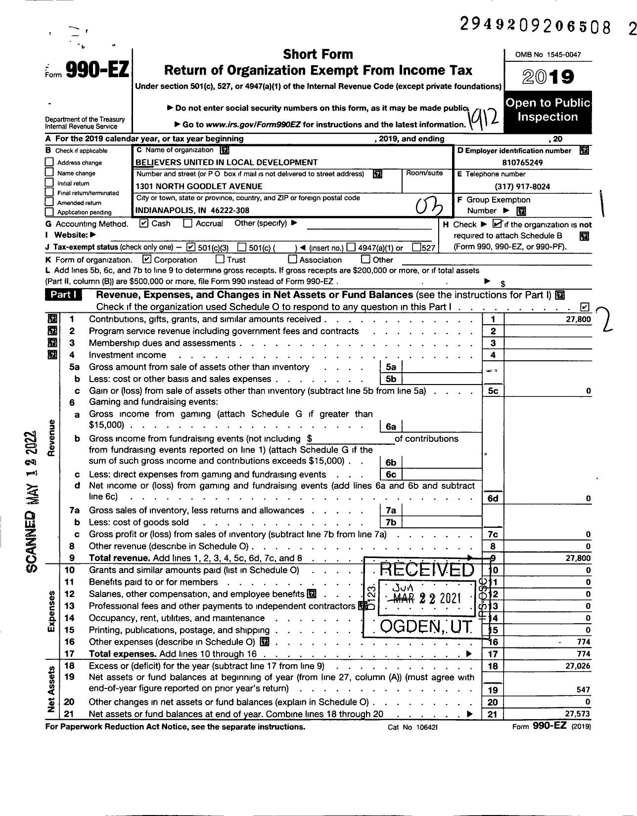 Image of first page of 2019 Form 990EZ for Believers United in Local Development