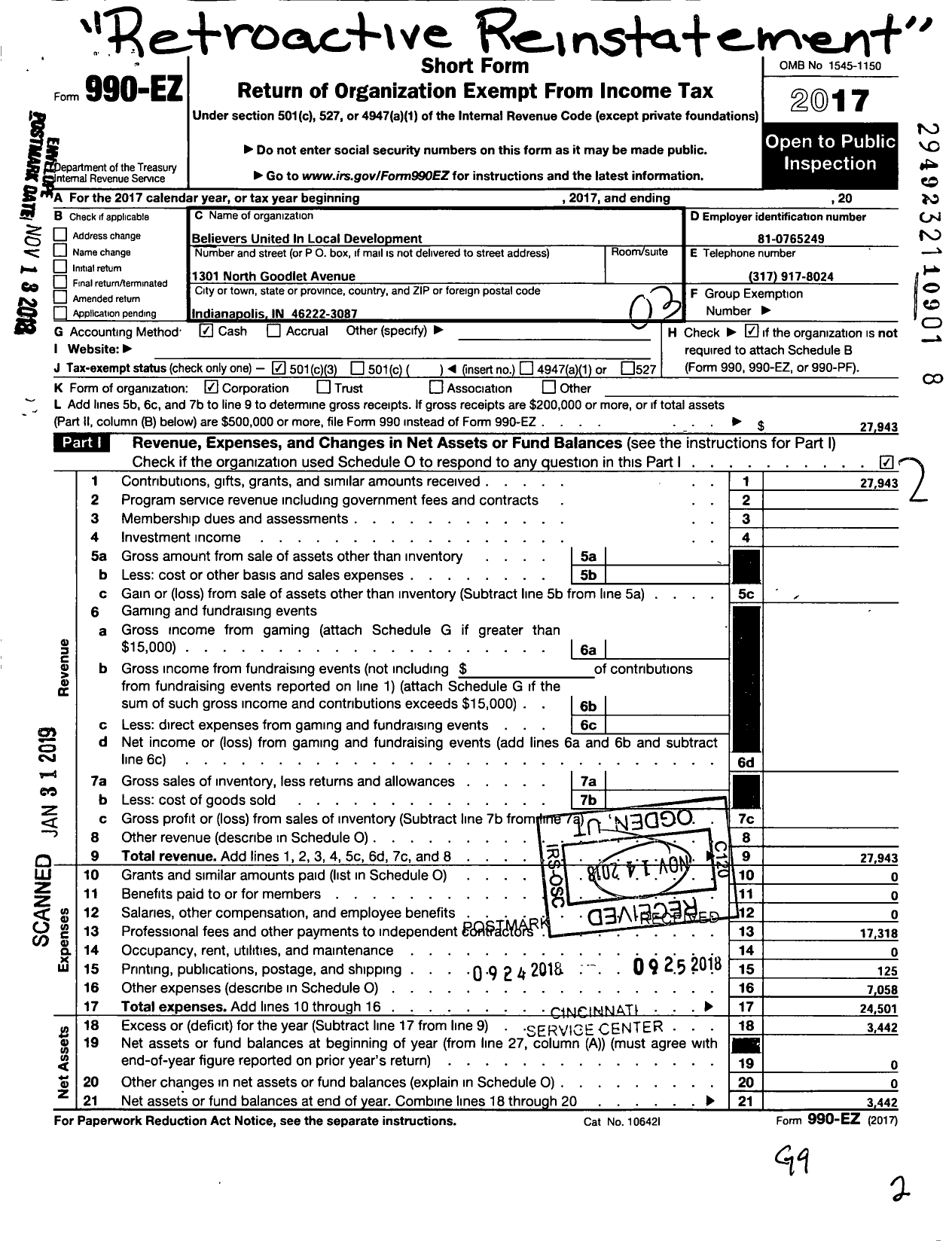 Image of first page of 2017 Form 990EZ for Believers United in Local Development