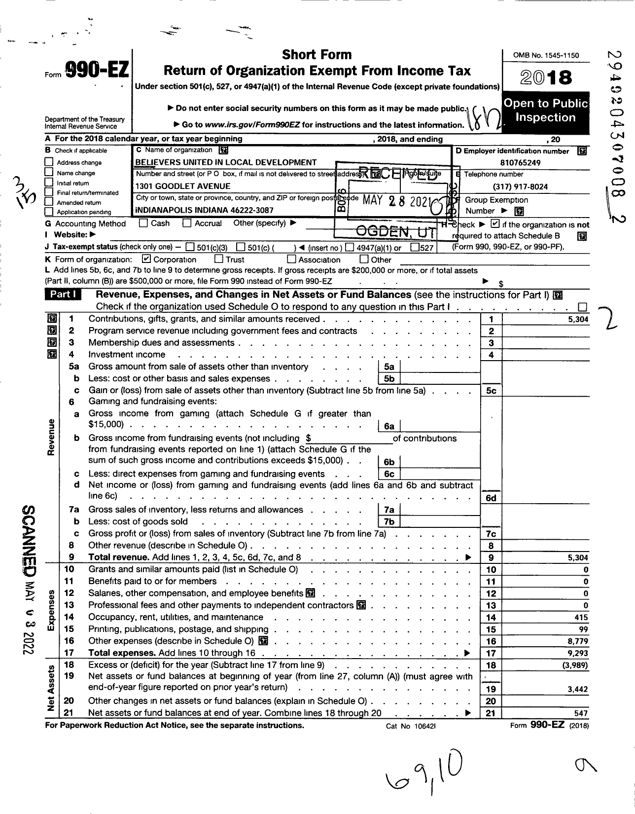 Image of first page of 2018 Form 990EZ for Believers United in Local Development