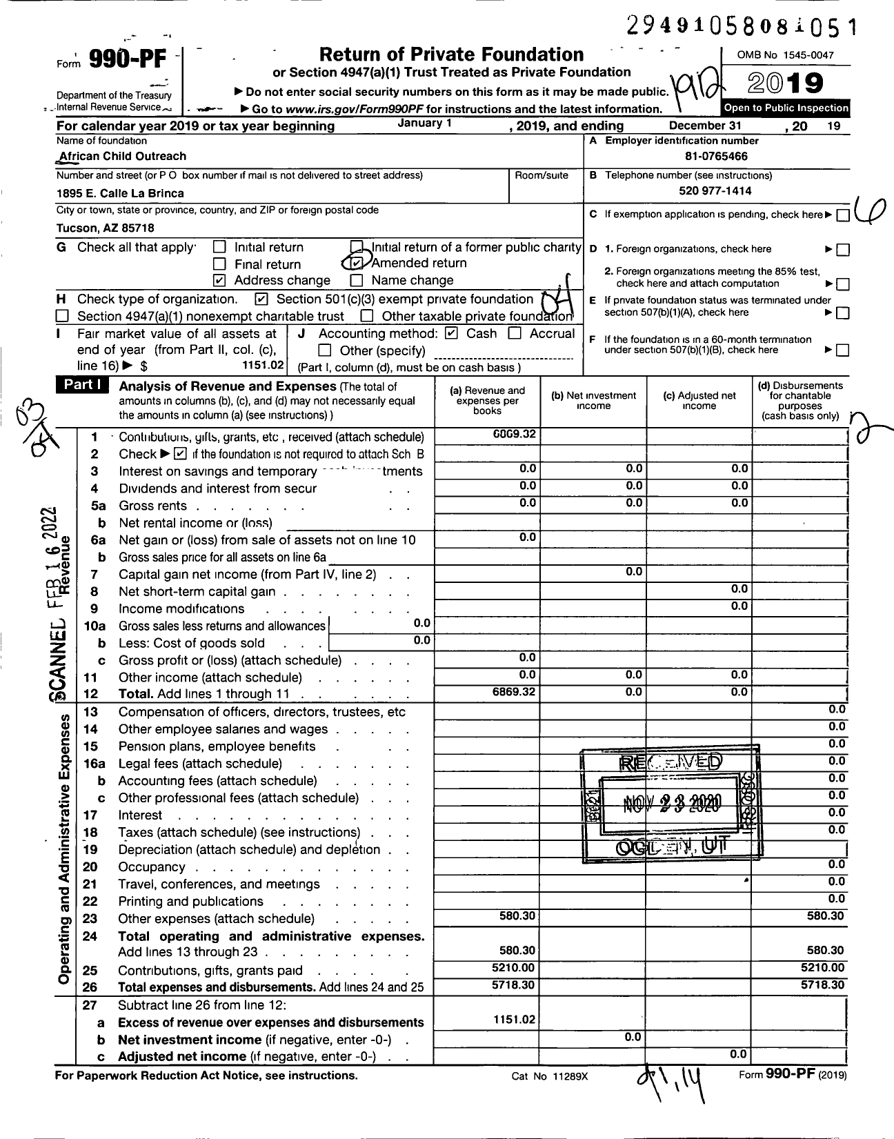 Image of first page of 2019 Form 990PF for African Child Outreach