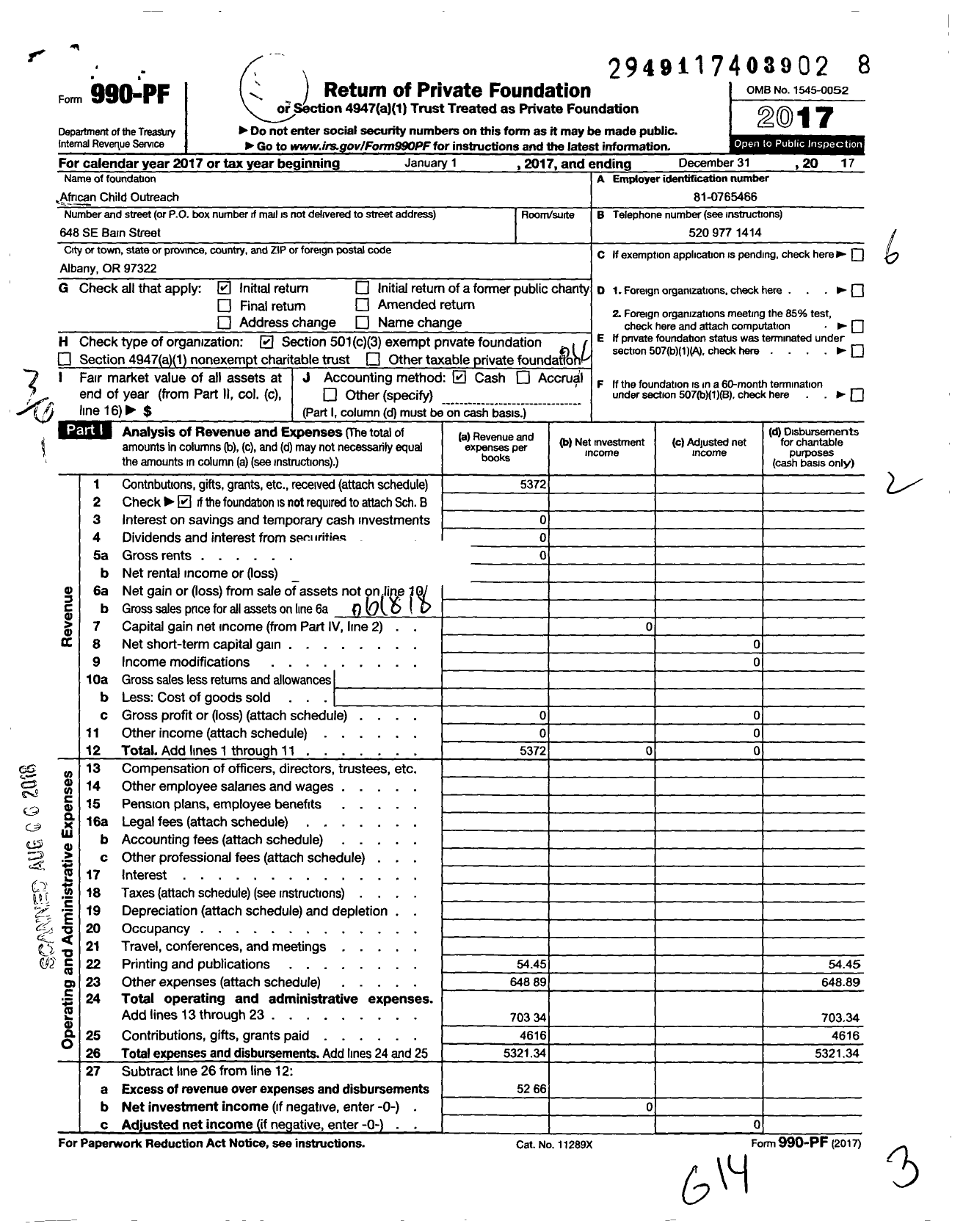 Image of first page of 2017 Form 990PF for African Child Outreach