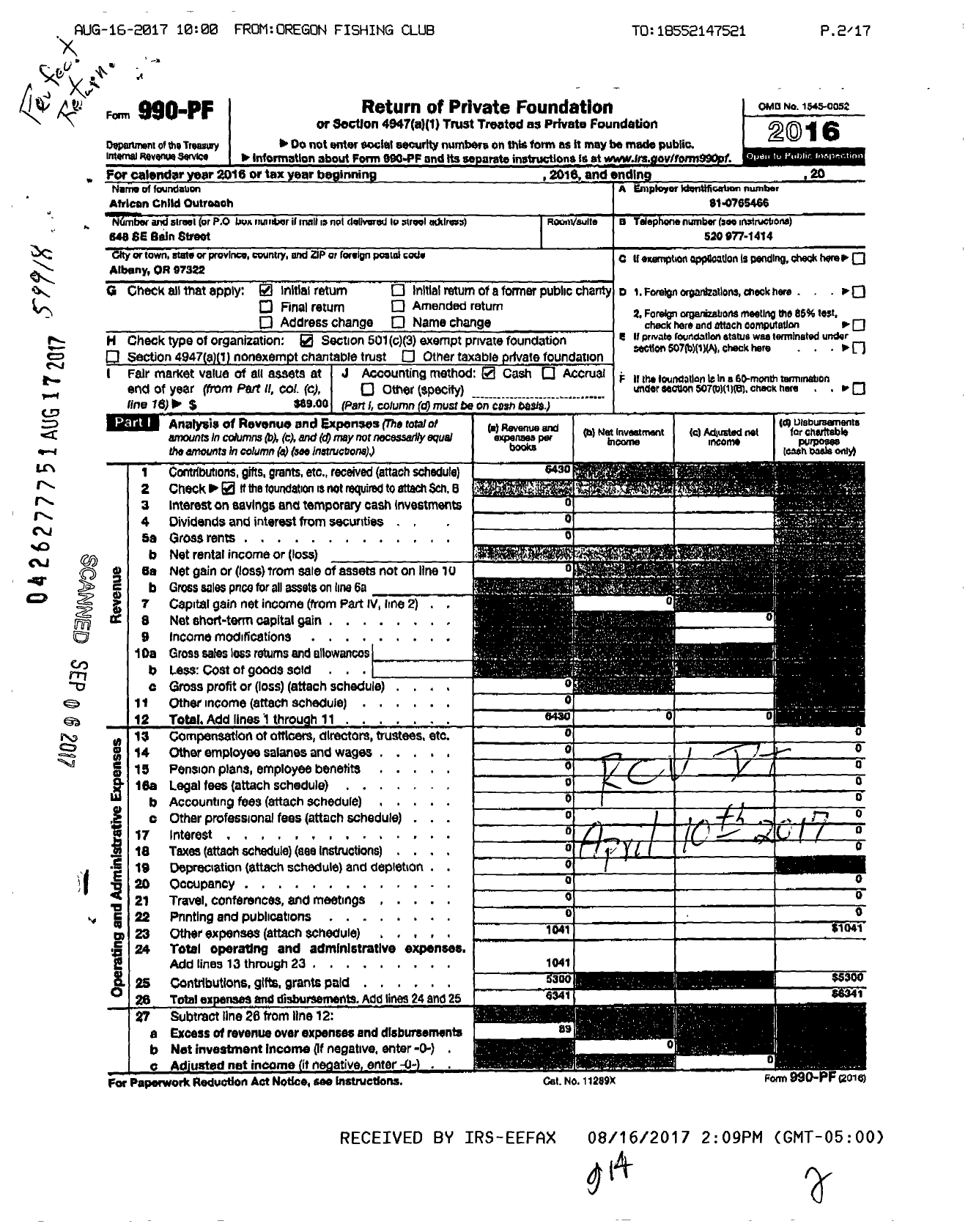 Image of first page of 2016 Form 990PF for African Child Outreach