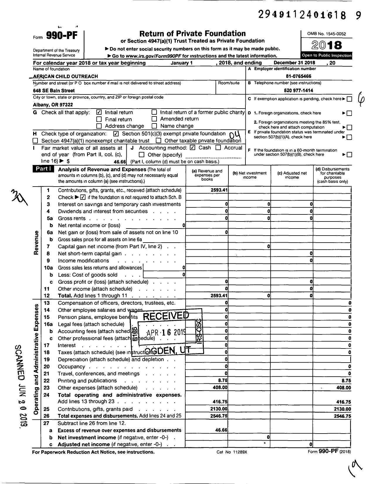 Image of first page of 2018 Form 990PF for African Child Outreach