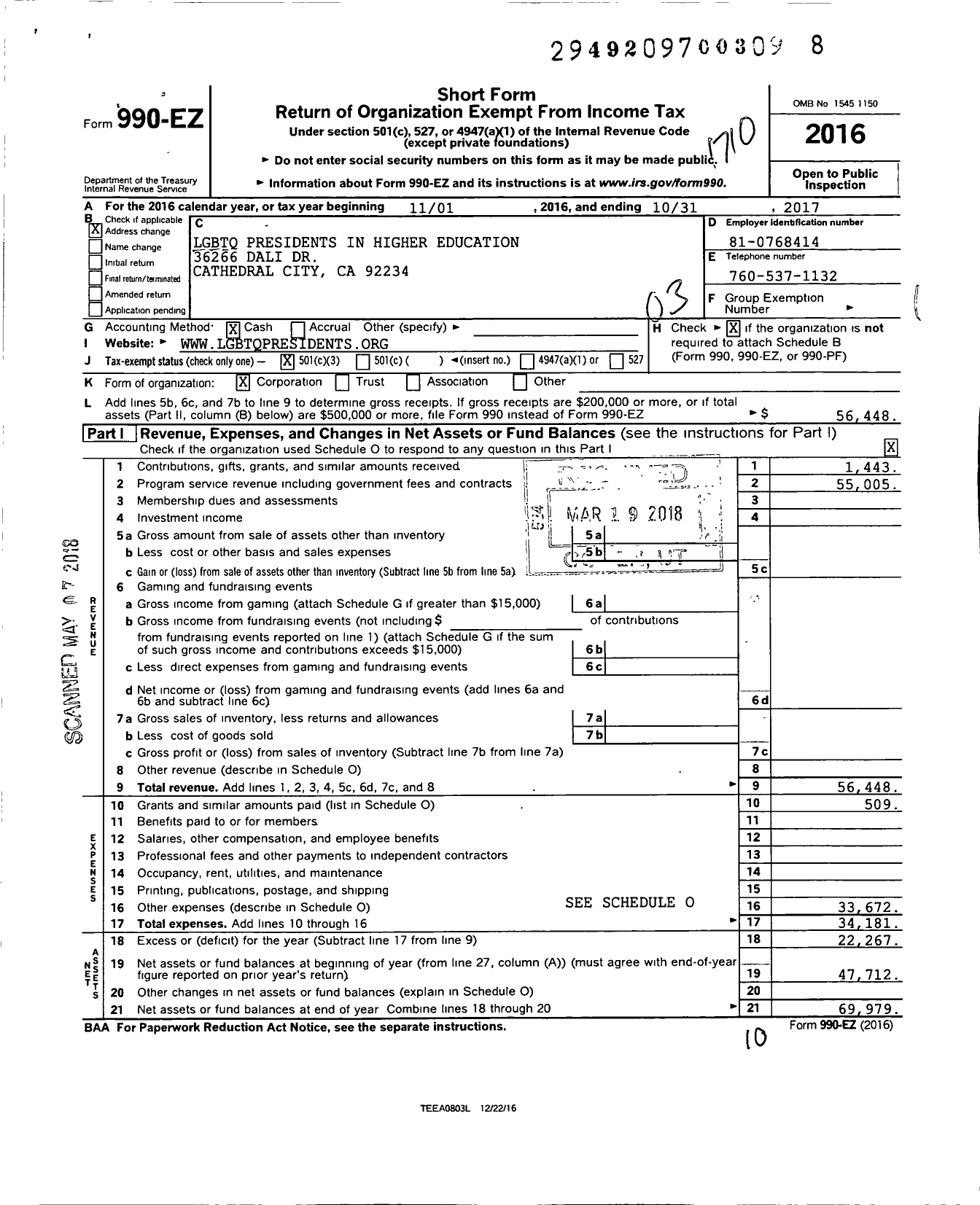 Image of first page of 2016 Form 990EZ for LGBTQ Leaders in Higher Education