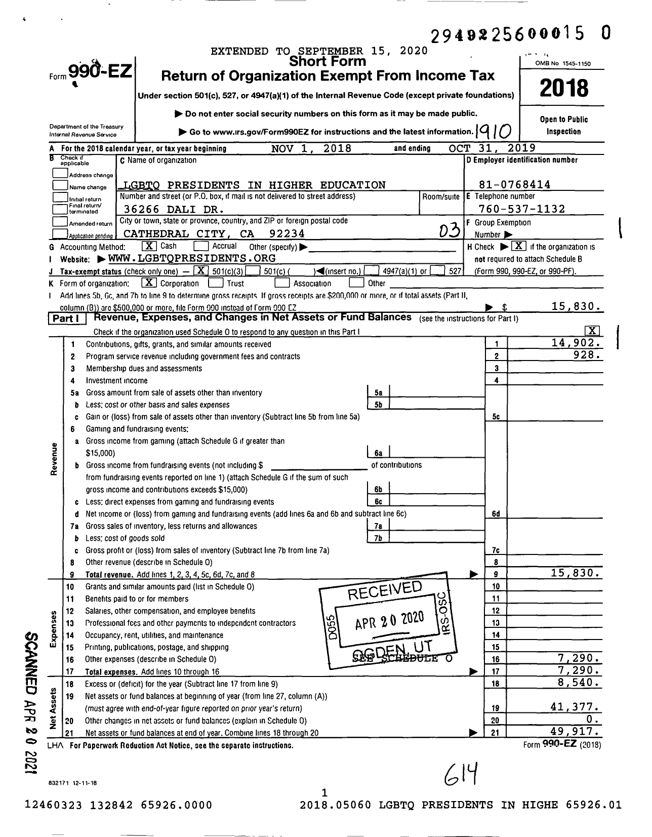 Image of first page of 2018 Form 990EZ for LGBTQ Leaders in Higher Education