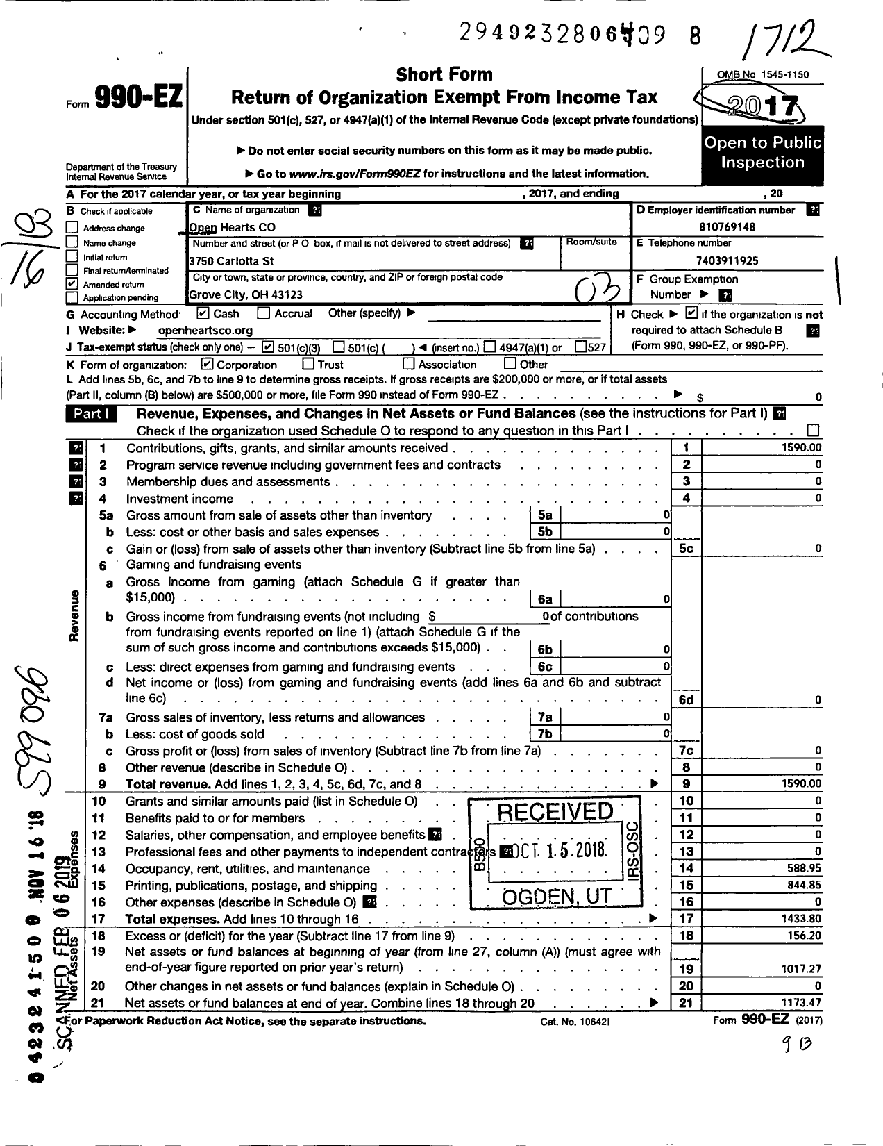 Image of first page of 2017 Form 990EZ for Open Hearts