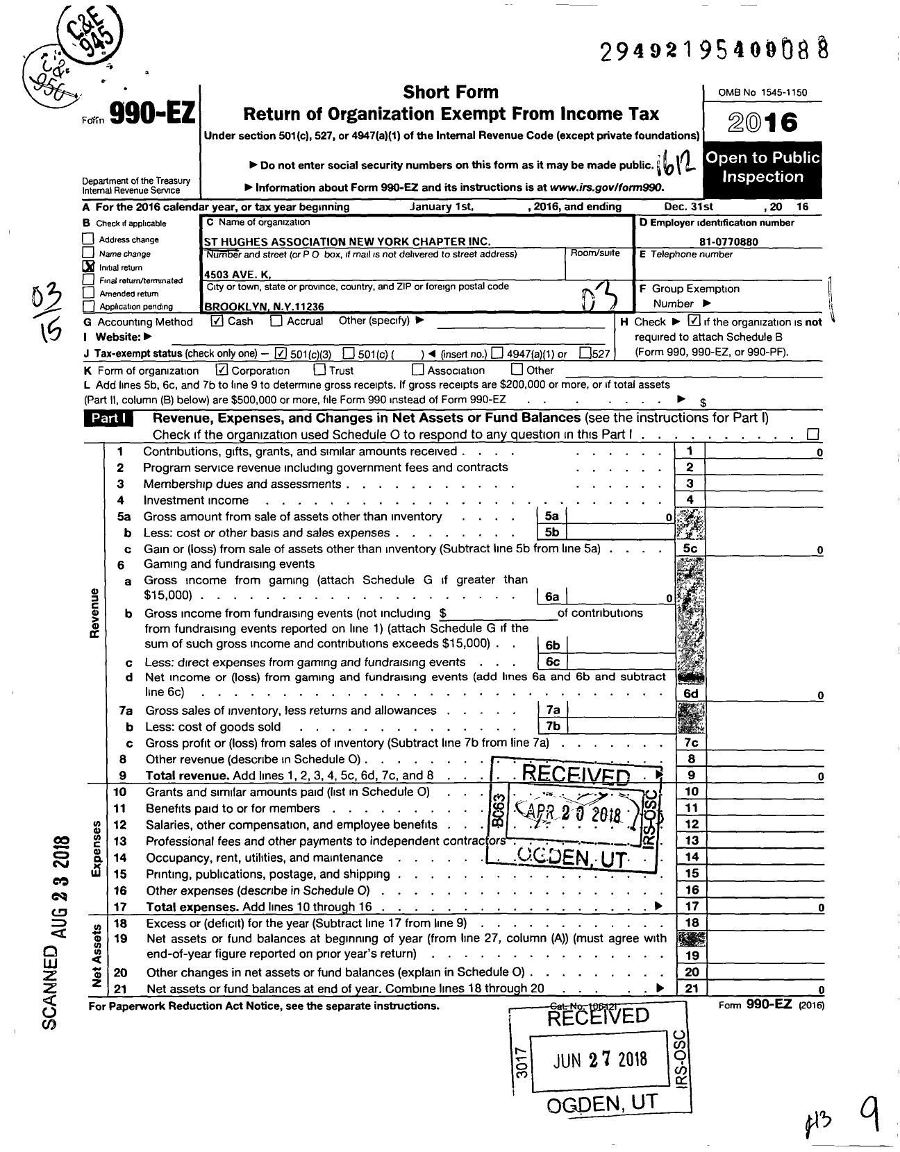 Image of first page of 2016 Form 990EZ for St Hughs Association New York Chapter