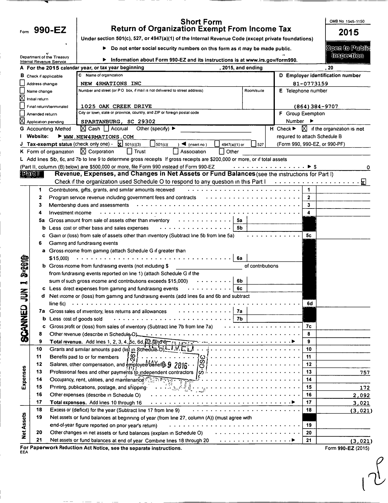 Image of first page of 2015 Form 990EZ for New 4rmations