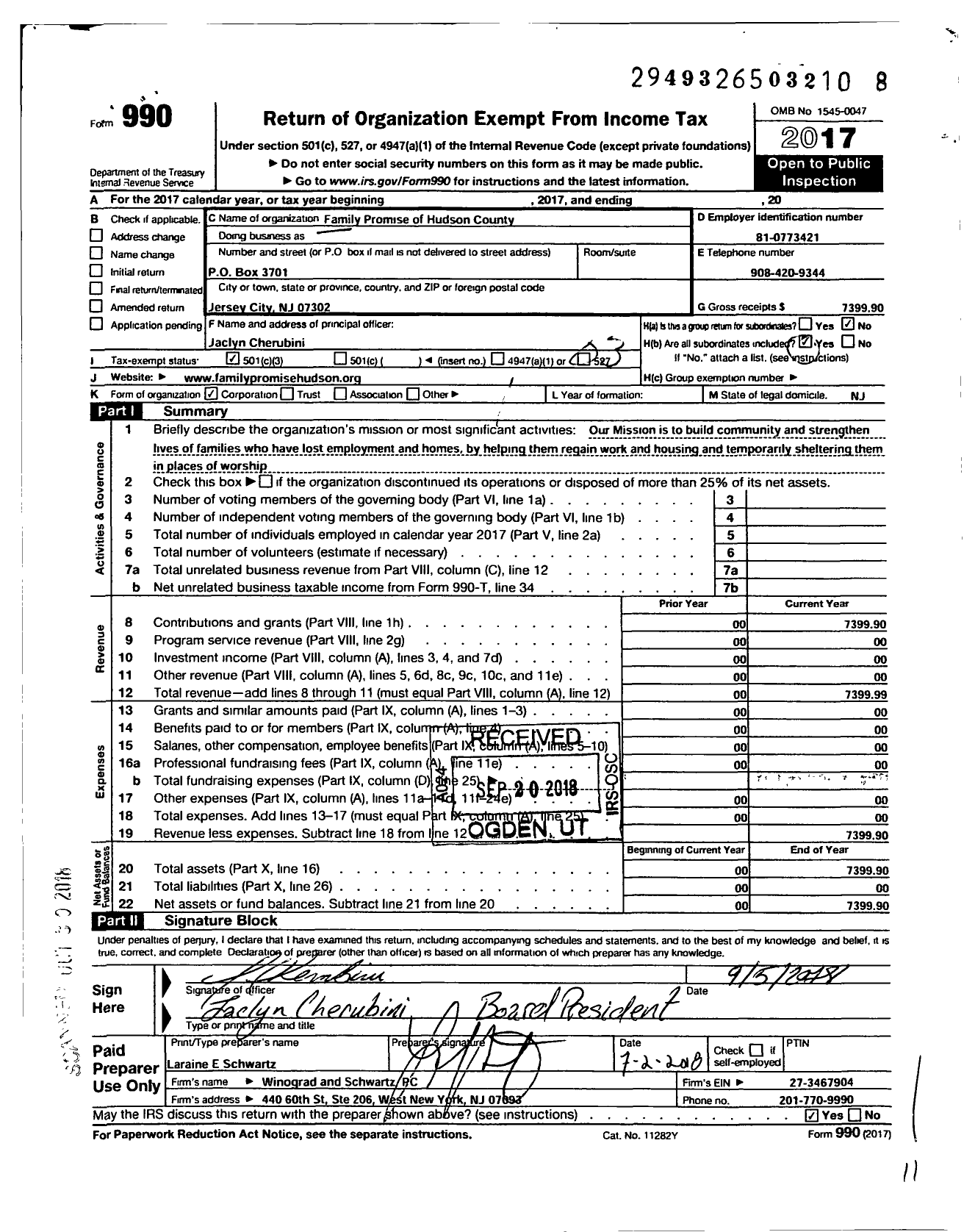 Image of first page of 2017 Form 990 for Family Promise of Hudson County A New NJ Nonprofit Corporation