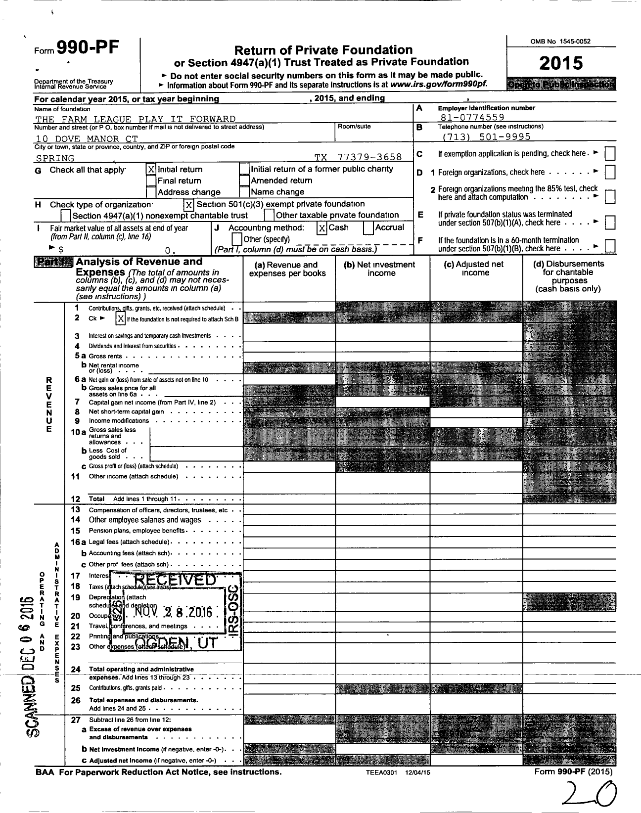 Image of first page of 2015 Form 990PF for The Farm League Play It Forward