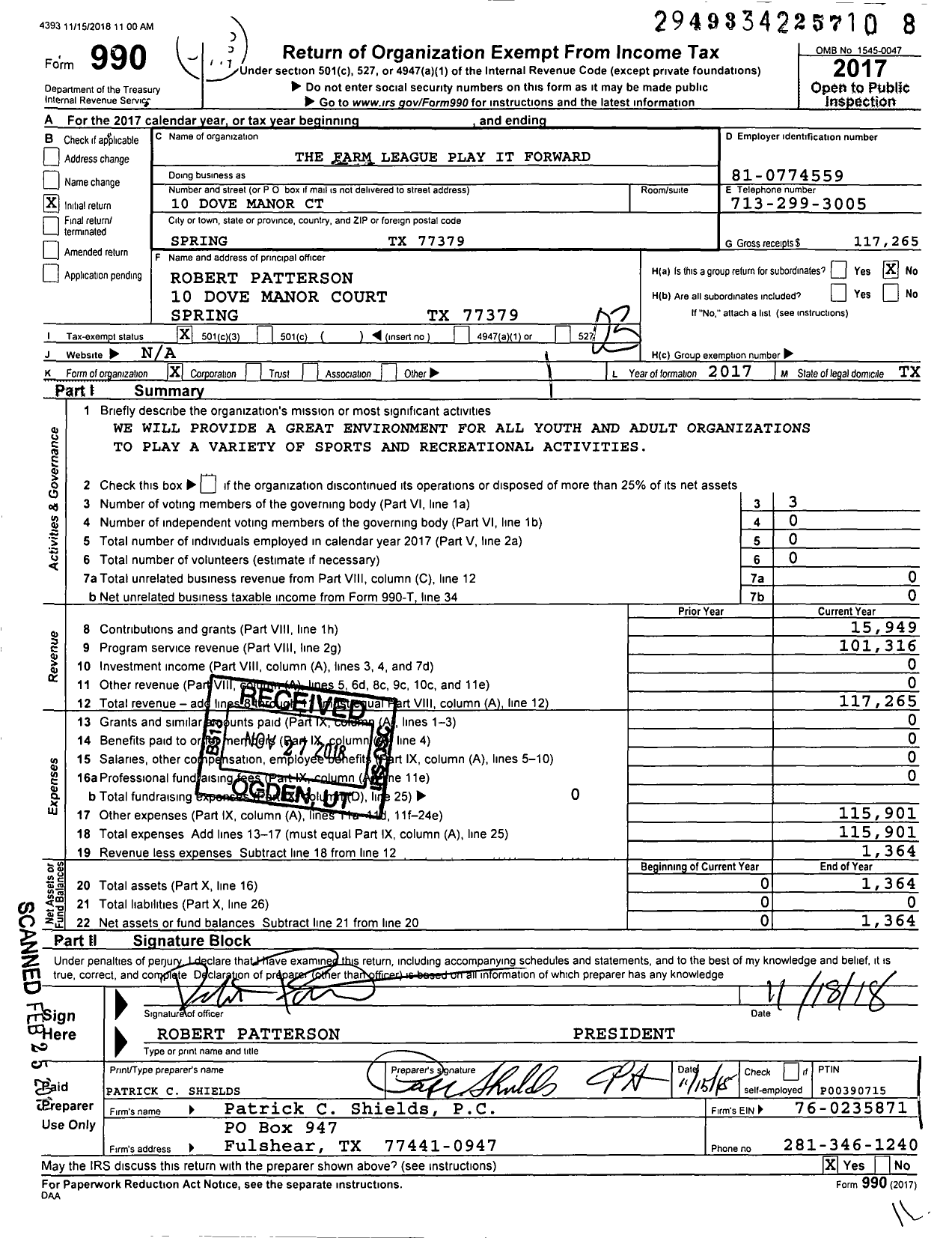 Image of first page of 2017 Form 990 for The Farm League Play It Forward