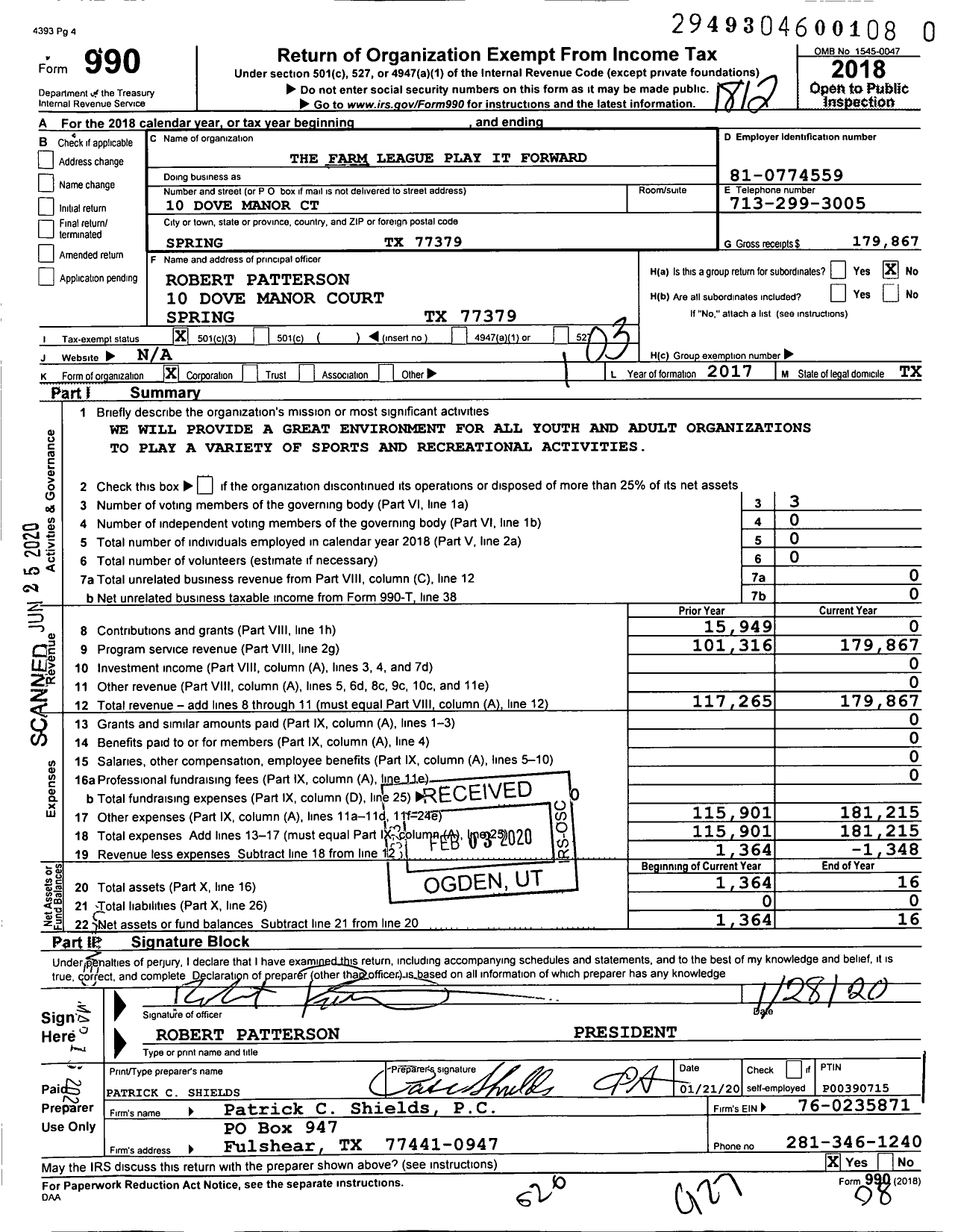 Image of first page of 2018 Form 990 for The Farm League Play It Forward