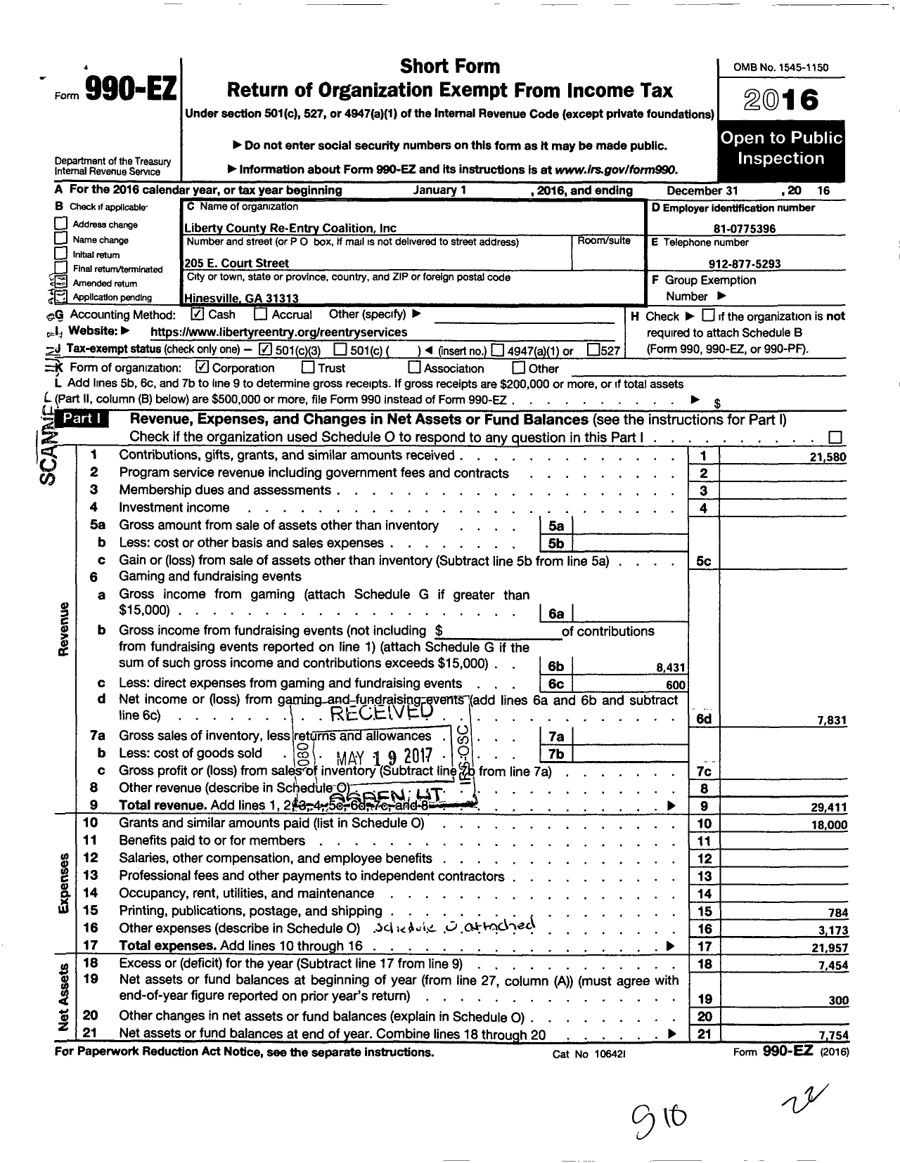 Image of first page of 2016 Form 990EZ for The Liberty County Reentry Coalition