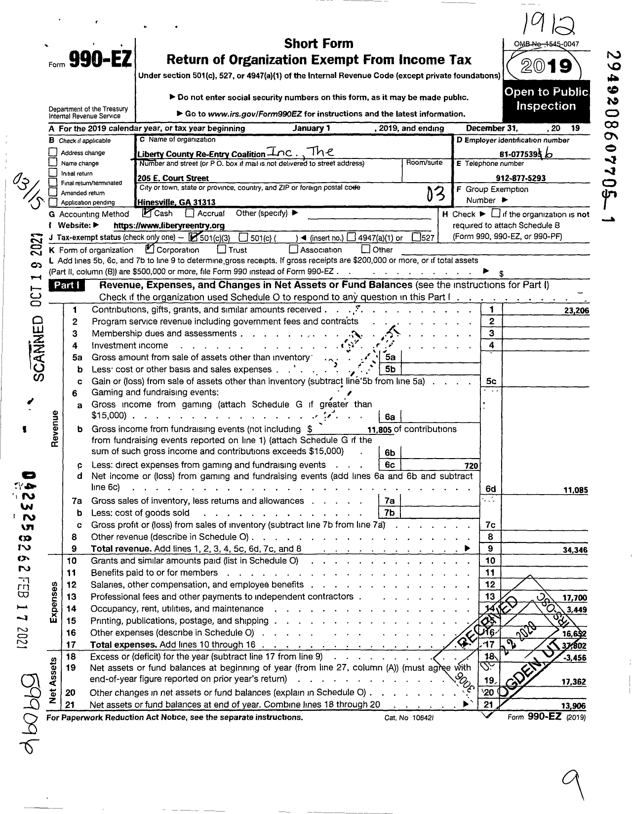 Image of first page of 2019 Form 990EZ for The Liberty County Reentry Coalition