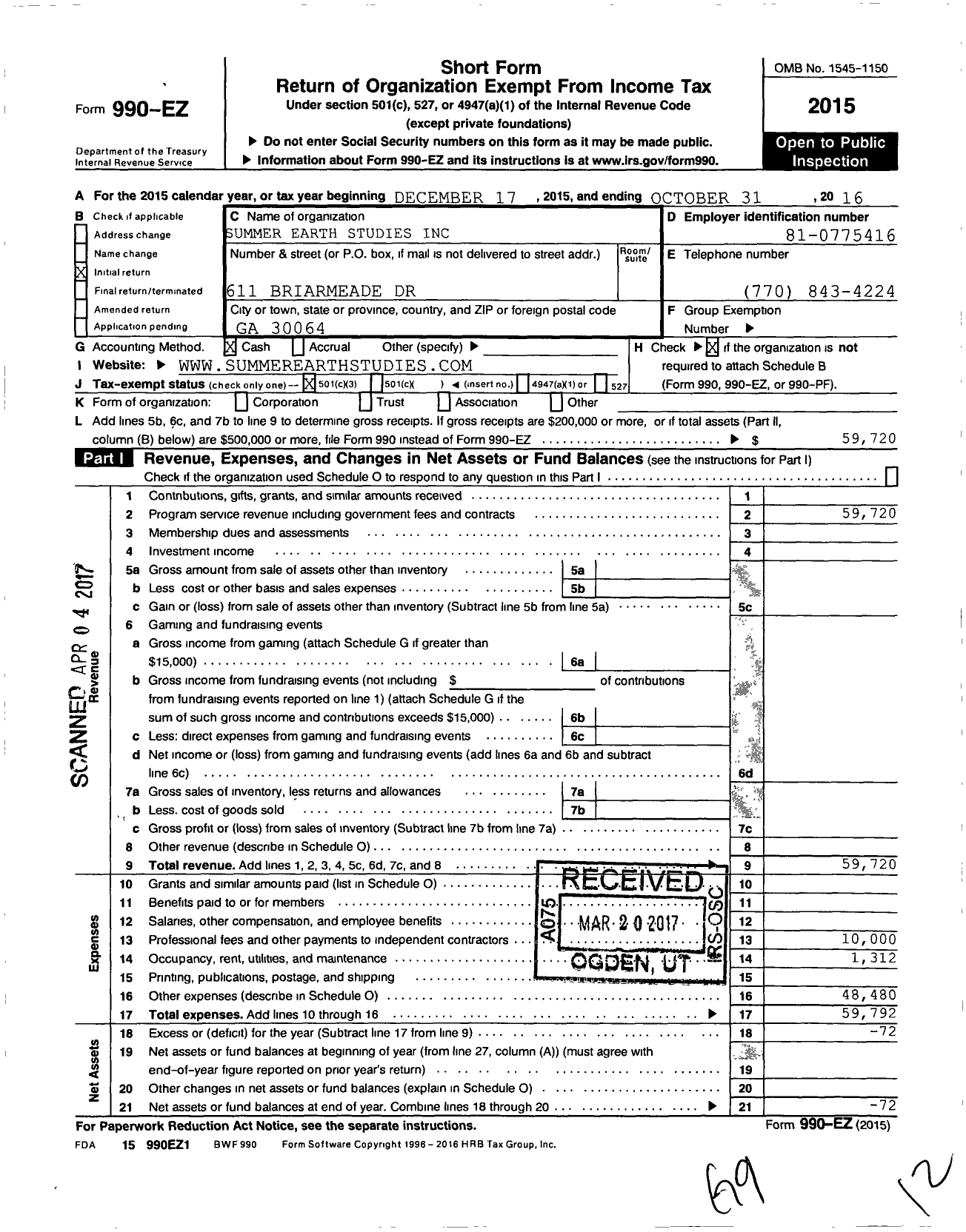 Image of first page of 2015 Form 990EZ for Summer Earth Studies