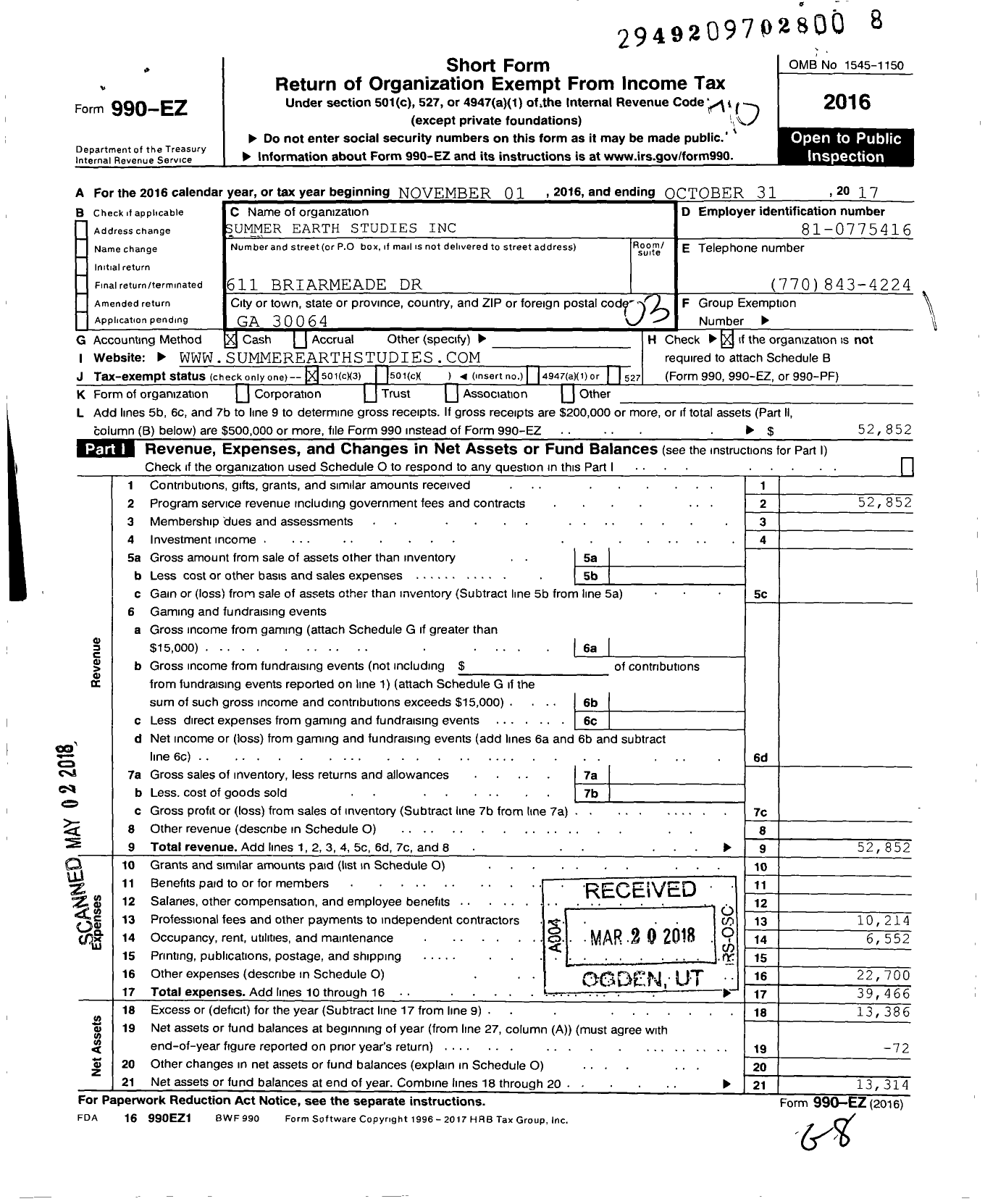 Image of first page of 2016 Form 990EZ for Summer Earth Studies