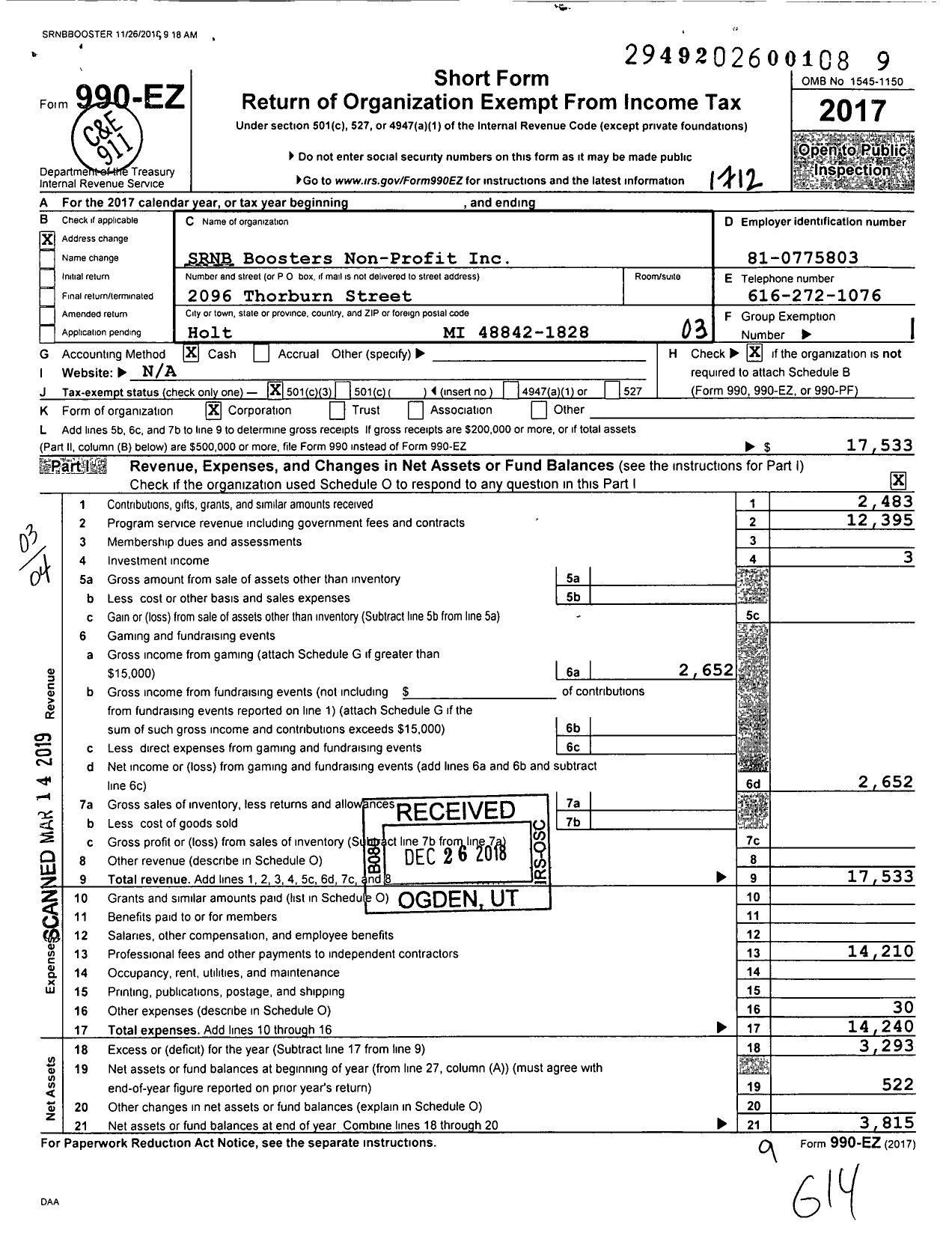 Image of first page of 2017 Form 990EZ for SRNB Boosters Non Profit
