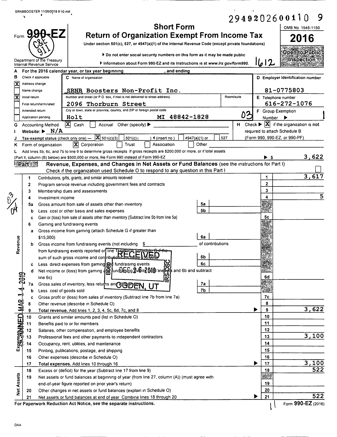 Image of first page of 2016 Form 990EZ for SRNB Boosters Non Profit