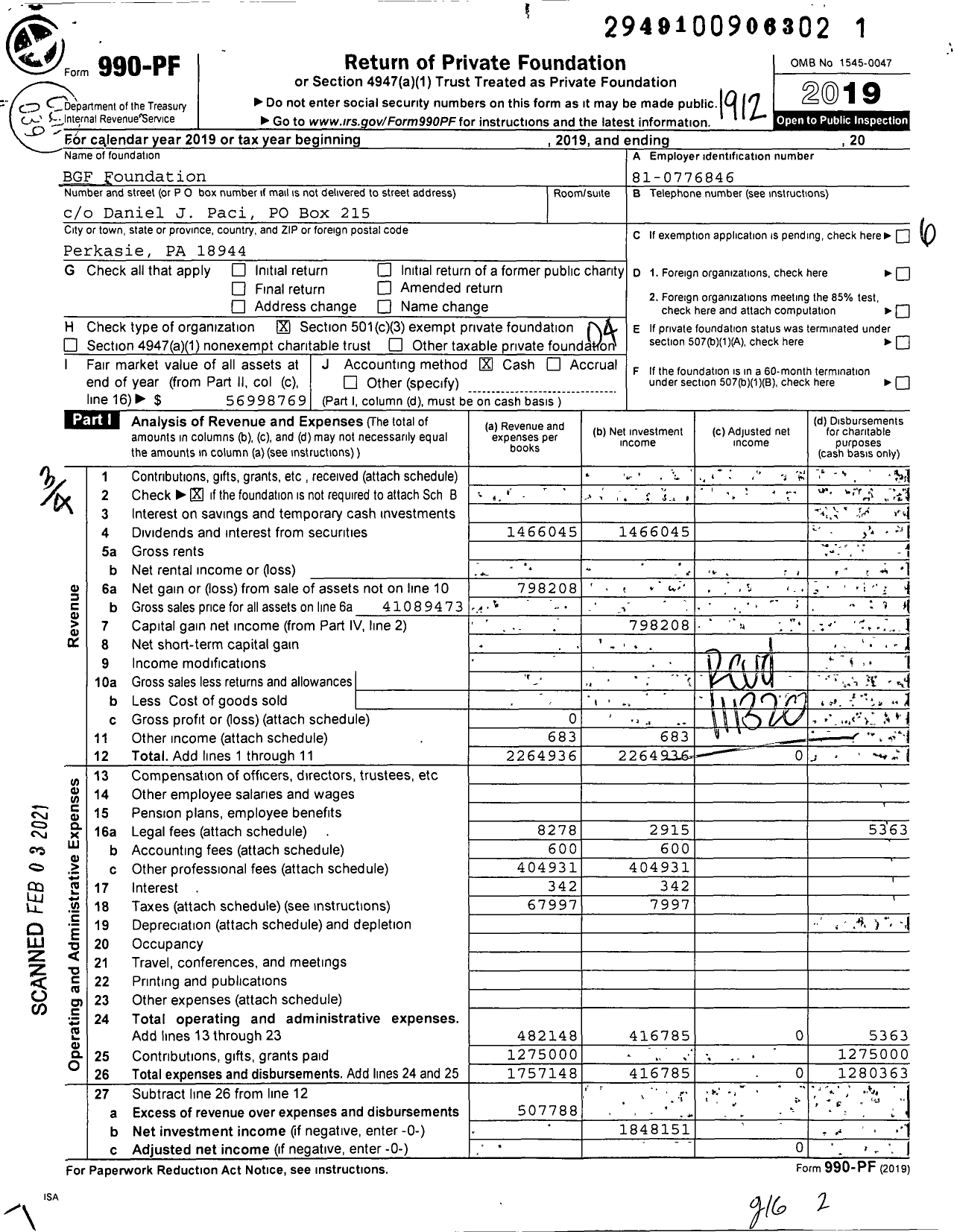 Image of first page of 2019 Form 990PF for BGF Foundation