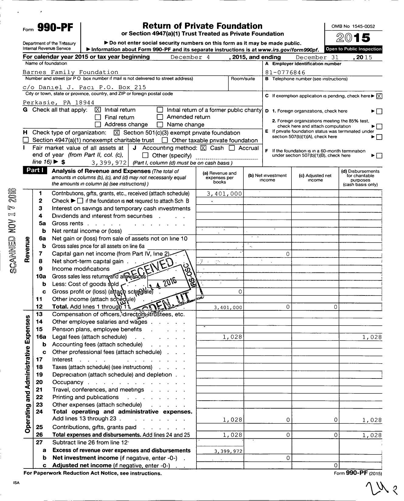 Image of first page of 2015 Form 990PF for BGF Foundation