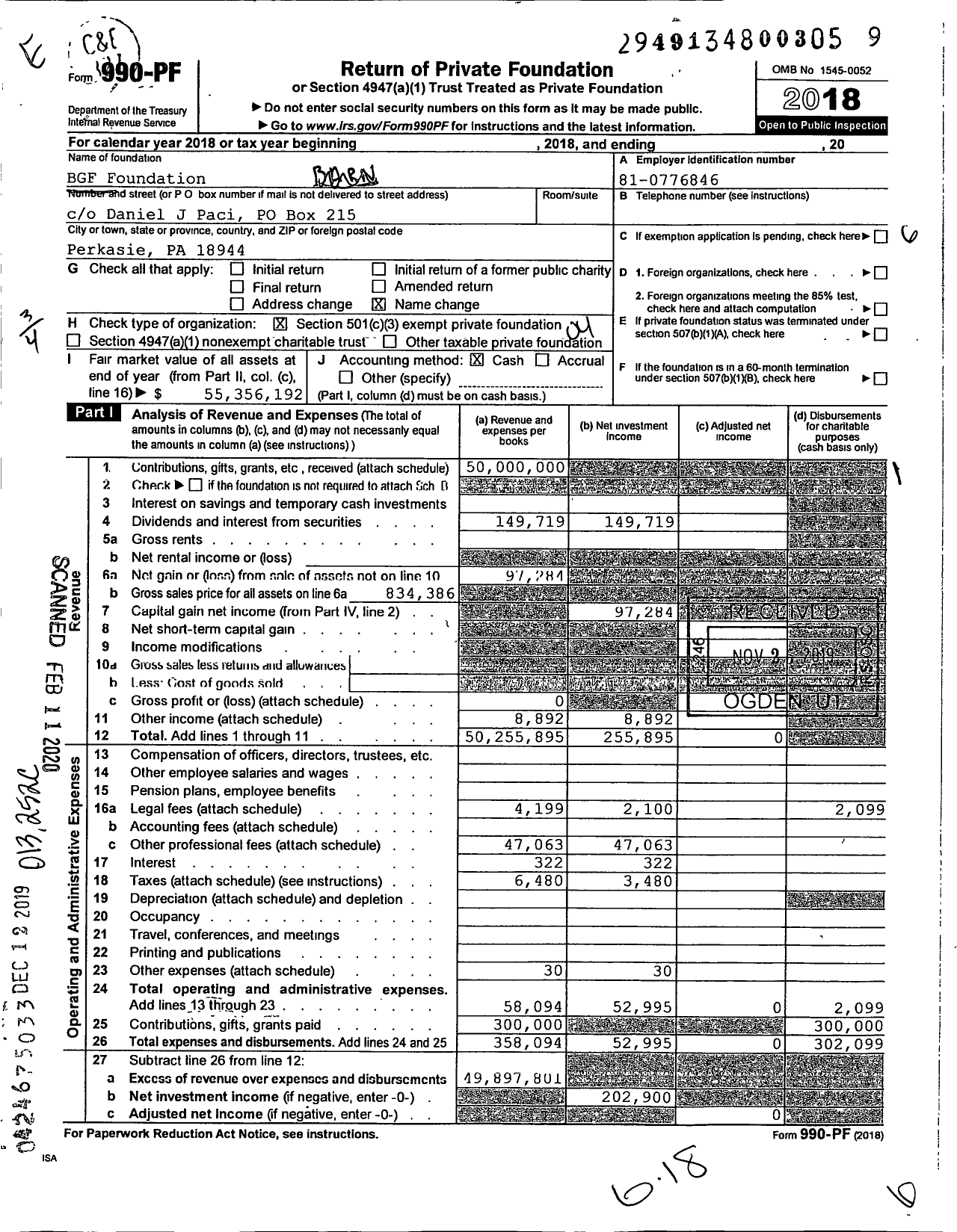 Image of first page of 2018 Form 990PF for BGF Foundation