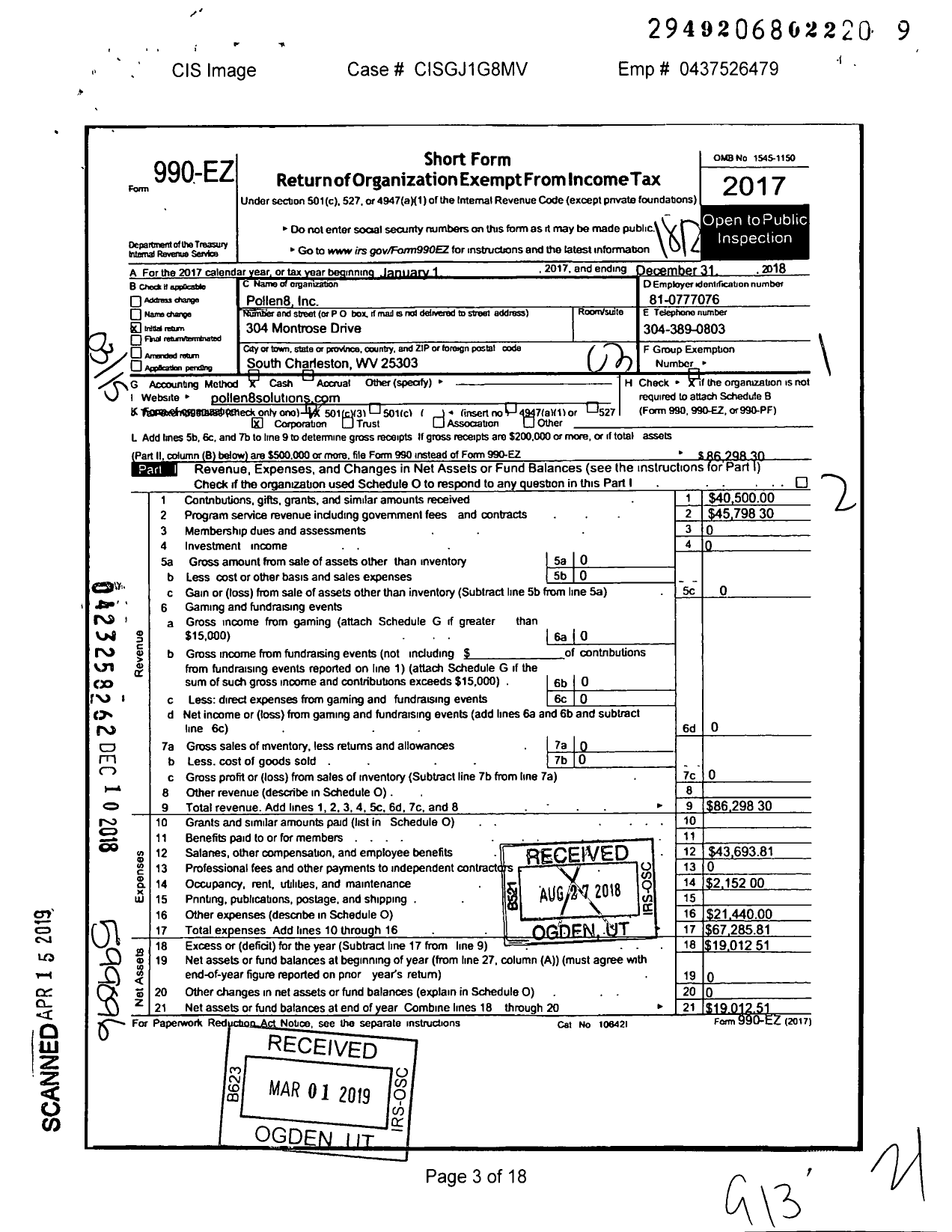 Image of first page of 2018 Form 990EZ for Pollen8 LLC