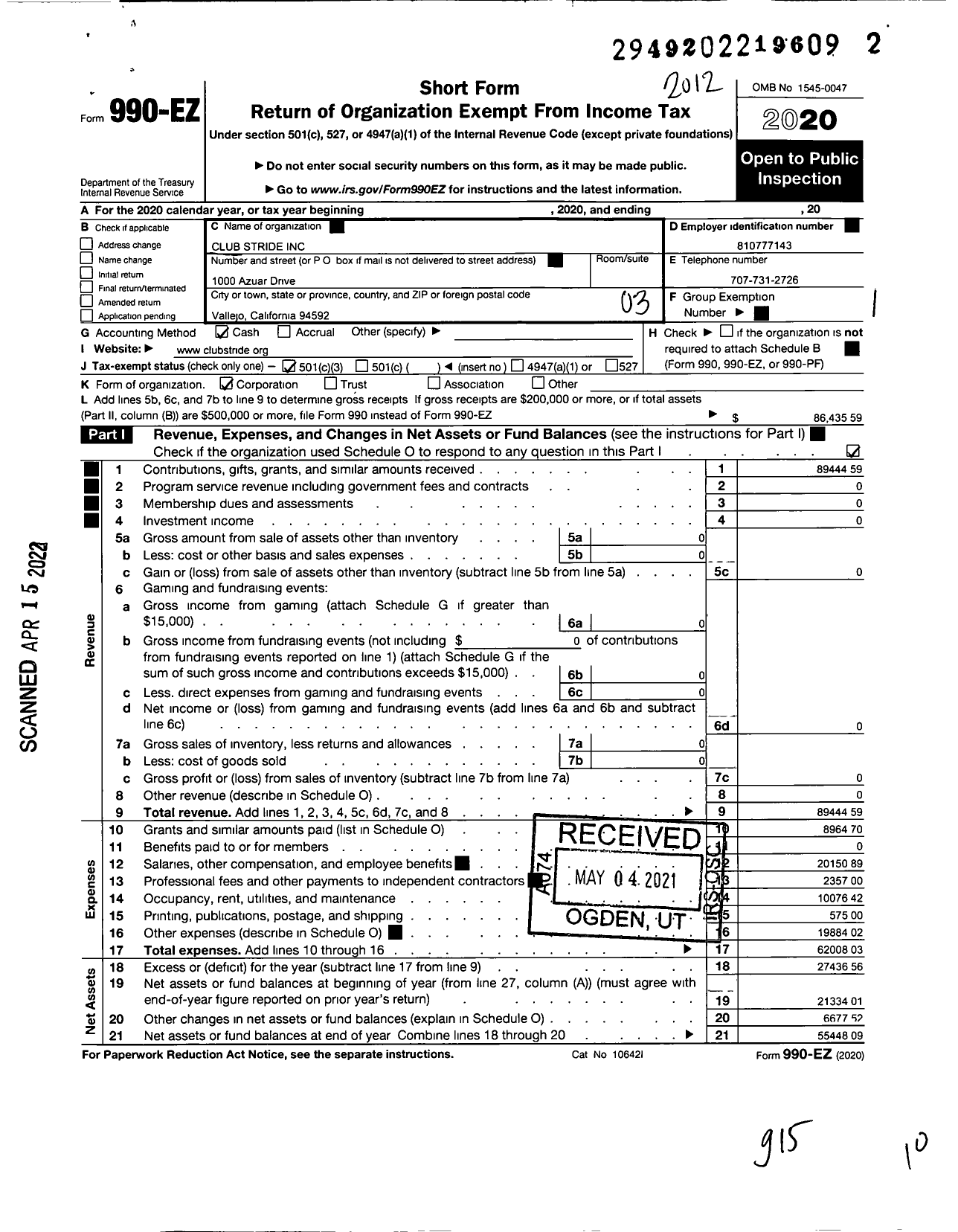 Image of first page of 2020 Form 990EZ for Club Stride