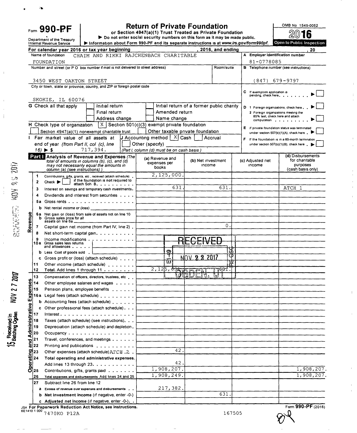 Image of first page of 2016 Form 990PF for Chaim and Rikki Rajchenbach Charitable Foundation
