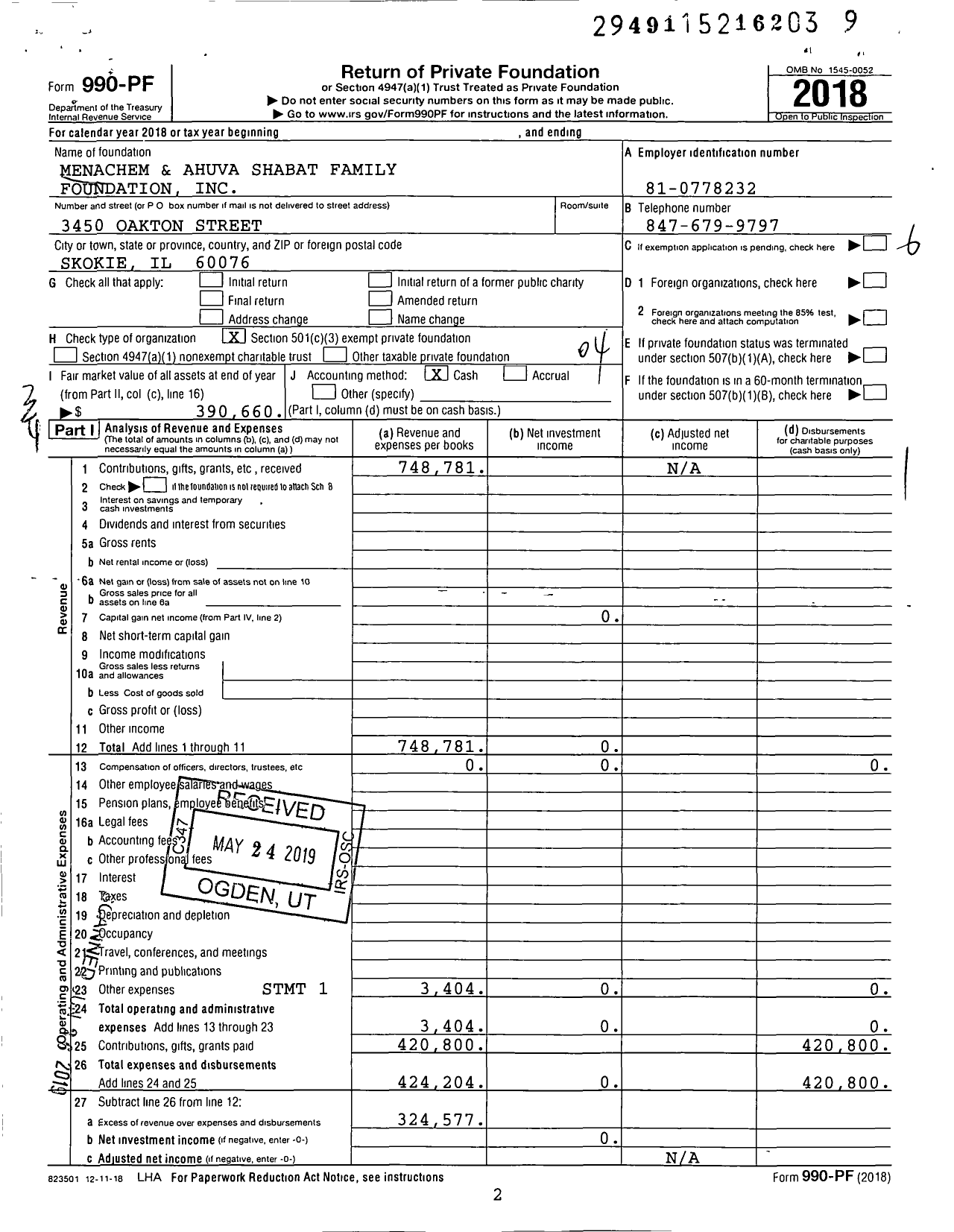 Image of first page of 2018 Form 990PF for Menachem and Ahuva Shabat Family Foundation