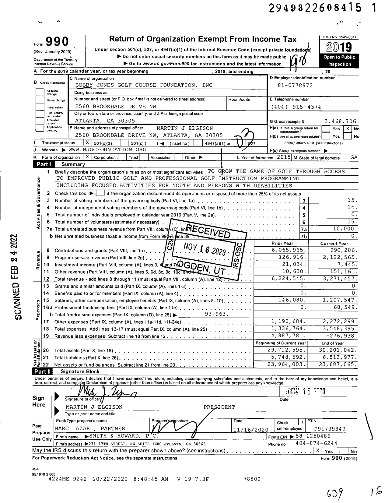Image of first page of 2019 Form 990 for Bobby Jones Golf Course Foundation