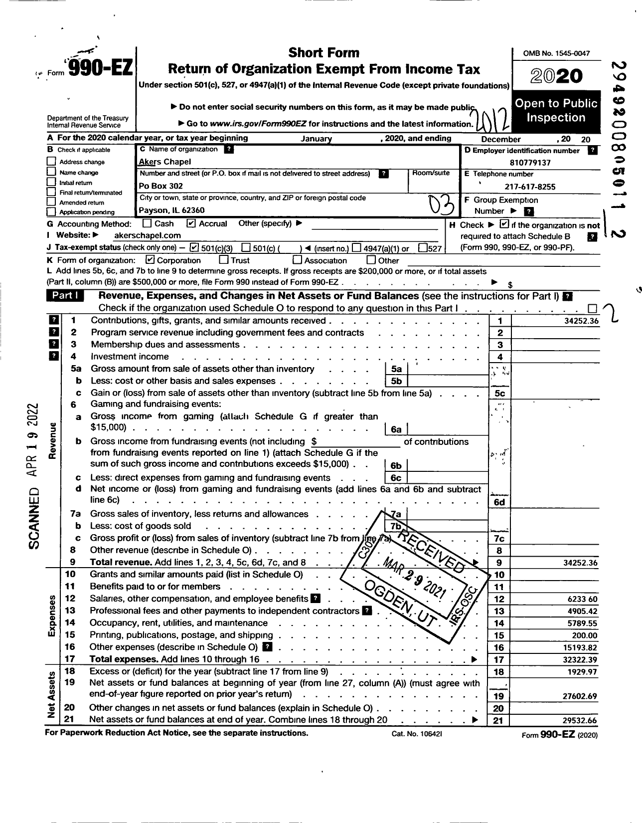 Image of first page of 2020 Form 990EZ for Faith Chapel of Illinois