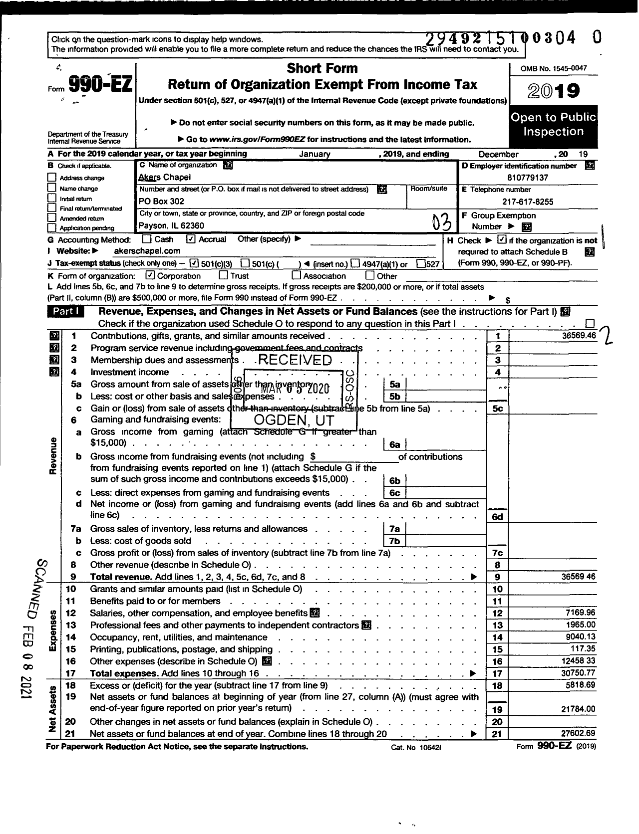 Image of first page of 2019 Form 990EZ for Faith Chapel of Illinois