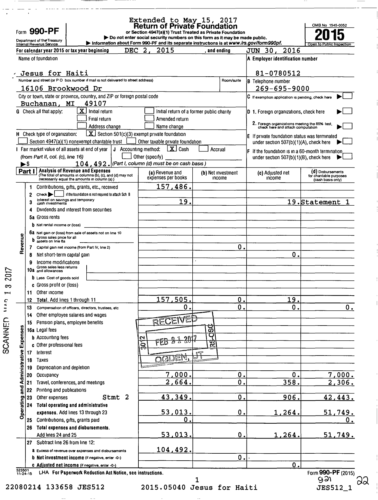 Image of first page of 2015 Form 990PF for Jesus For Haiti