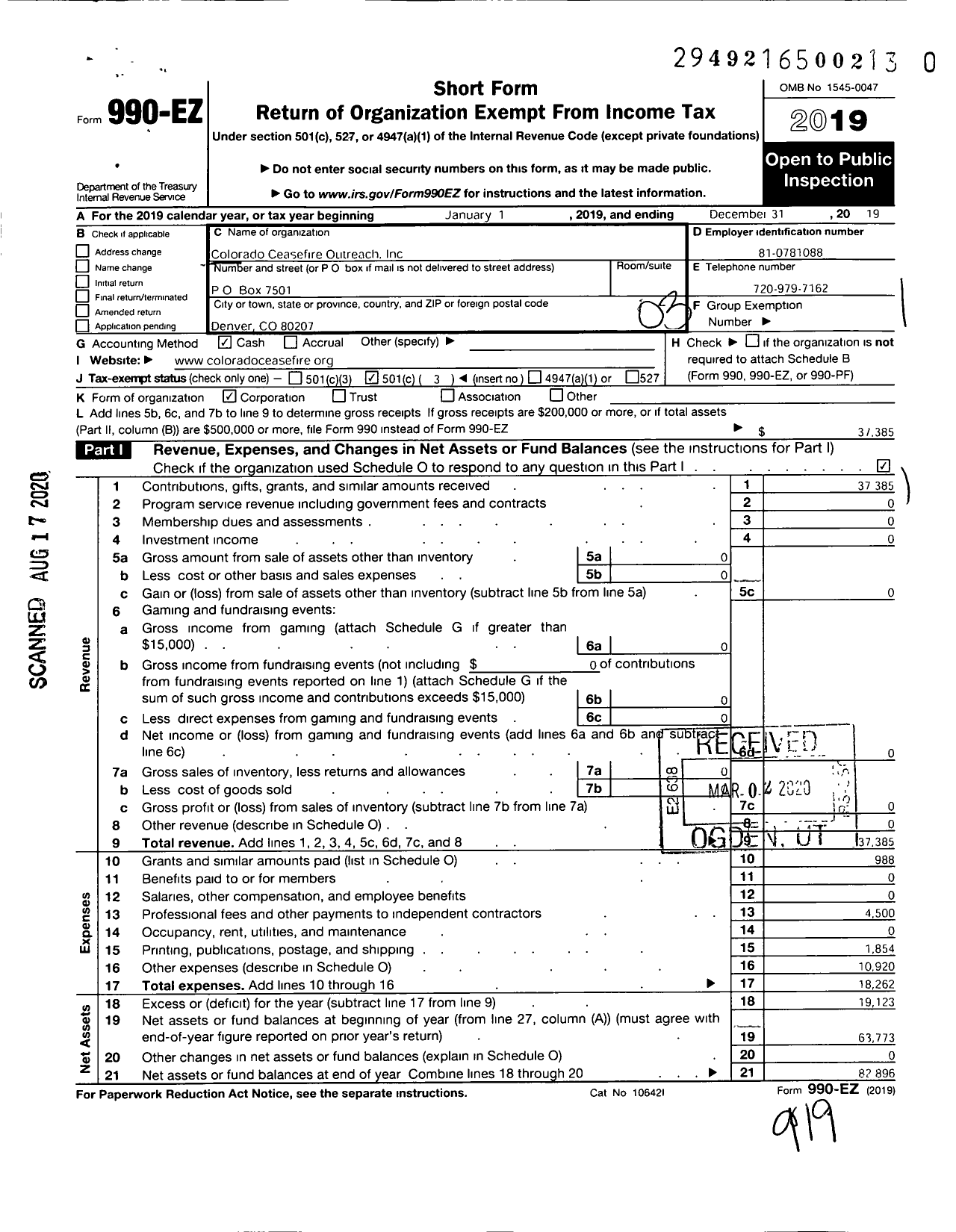 Image of first page of 2019 Form 990EZ for Colorado Ceasefire Outreach