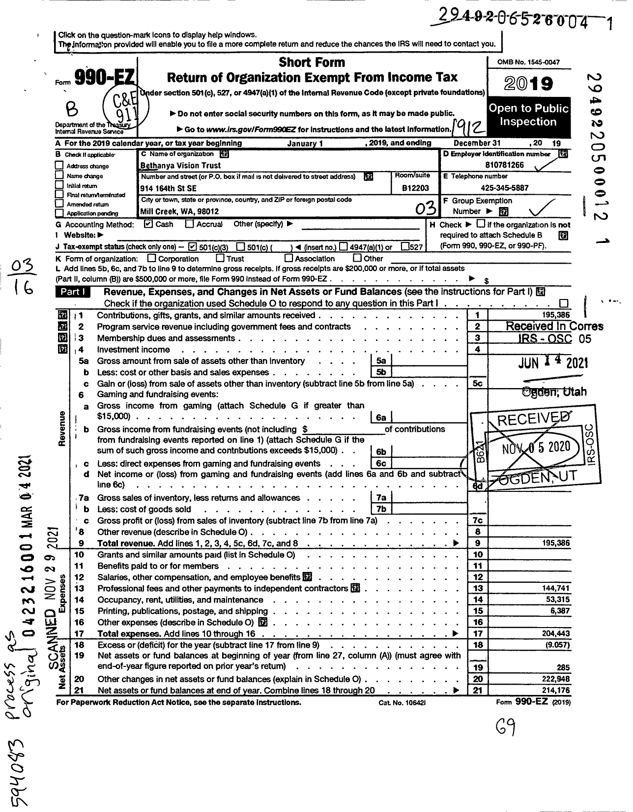 Image of first page of 2019 Form 990EZ for Bethanya Vision Trust