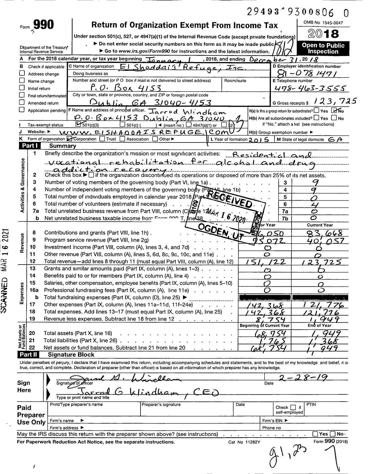 Image of first page of 2018 Form 990 for El Shaddais Refuge Incorporated