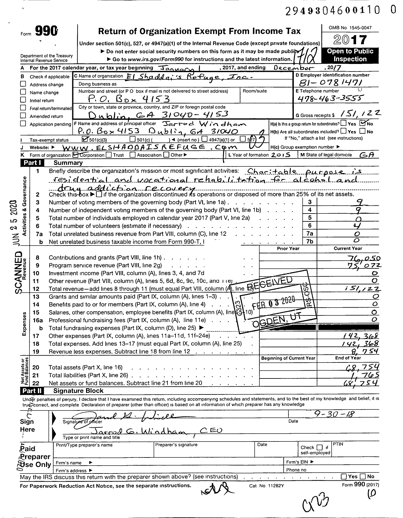 Image of first page of 2017 Form 990 for El Shaddais Refuge Incorporated