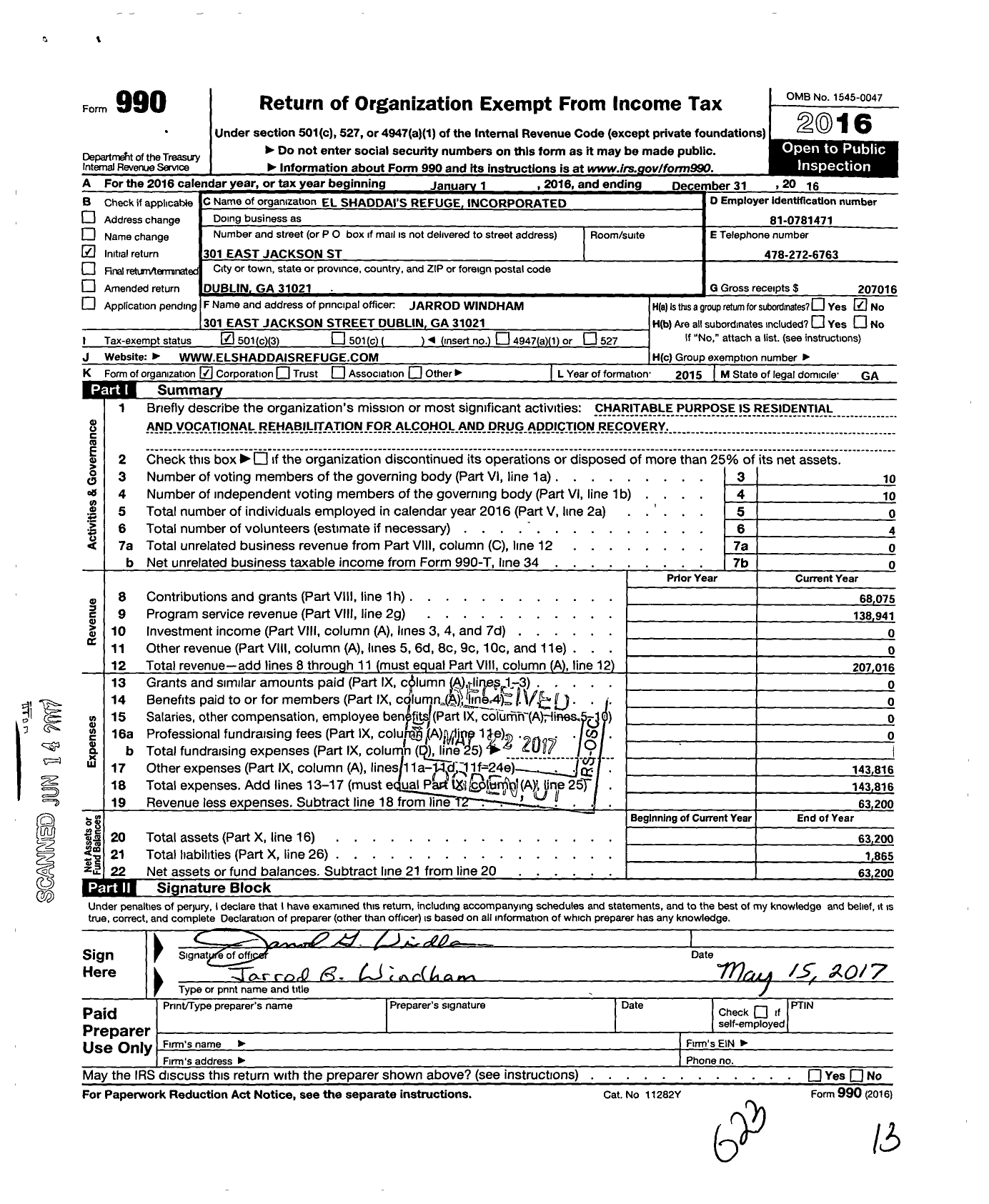 Image of first page of 2016 Form 990 for El Shaddais Refuge Incorporated