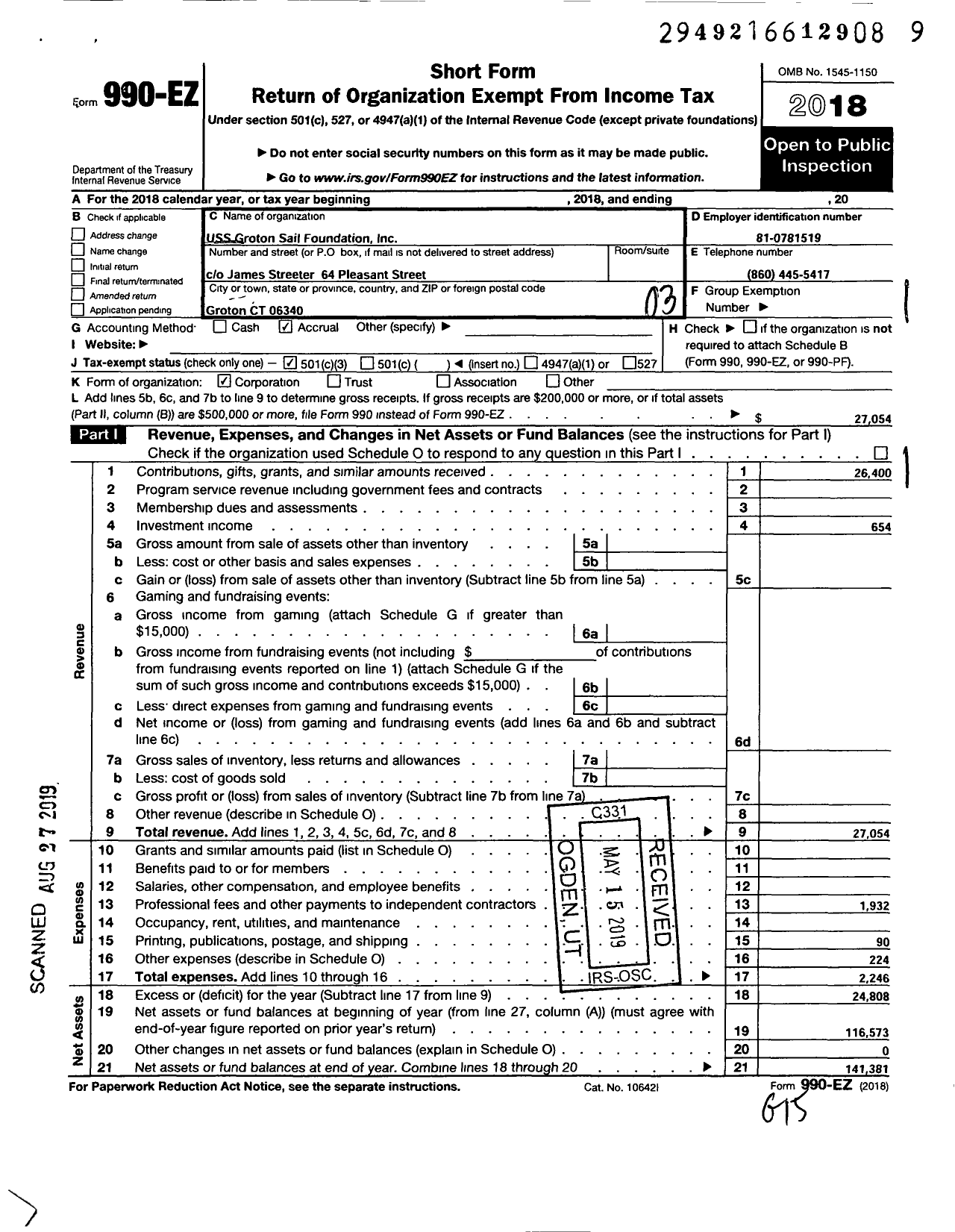 Image of first page of 2018 Form 990EZ for USS Groton Sail Foundation