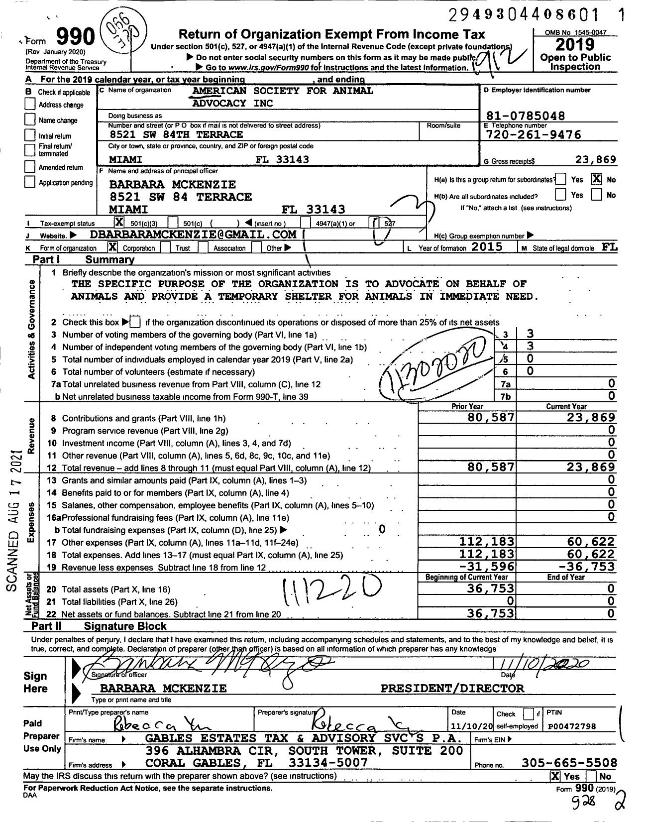 Image of first page of 2019 Form 990 for American Society for Animal Advocacy